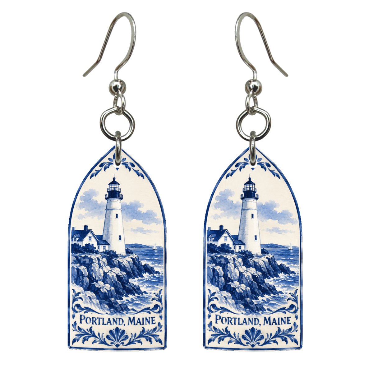 She's Choosing Portland, Maine Earrings | Blue-And-White Ceramic Illustration | S939