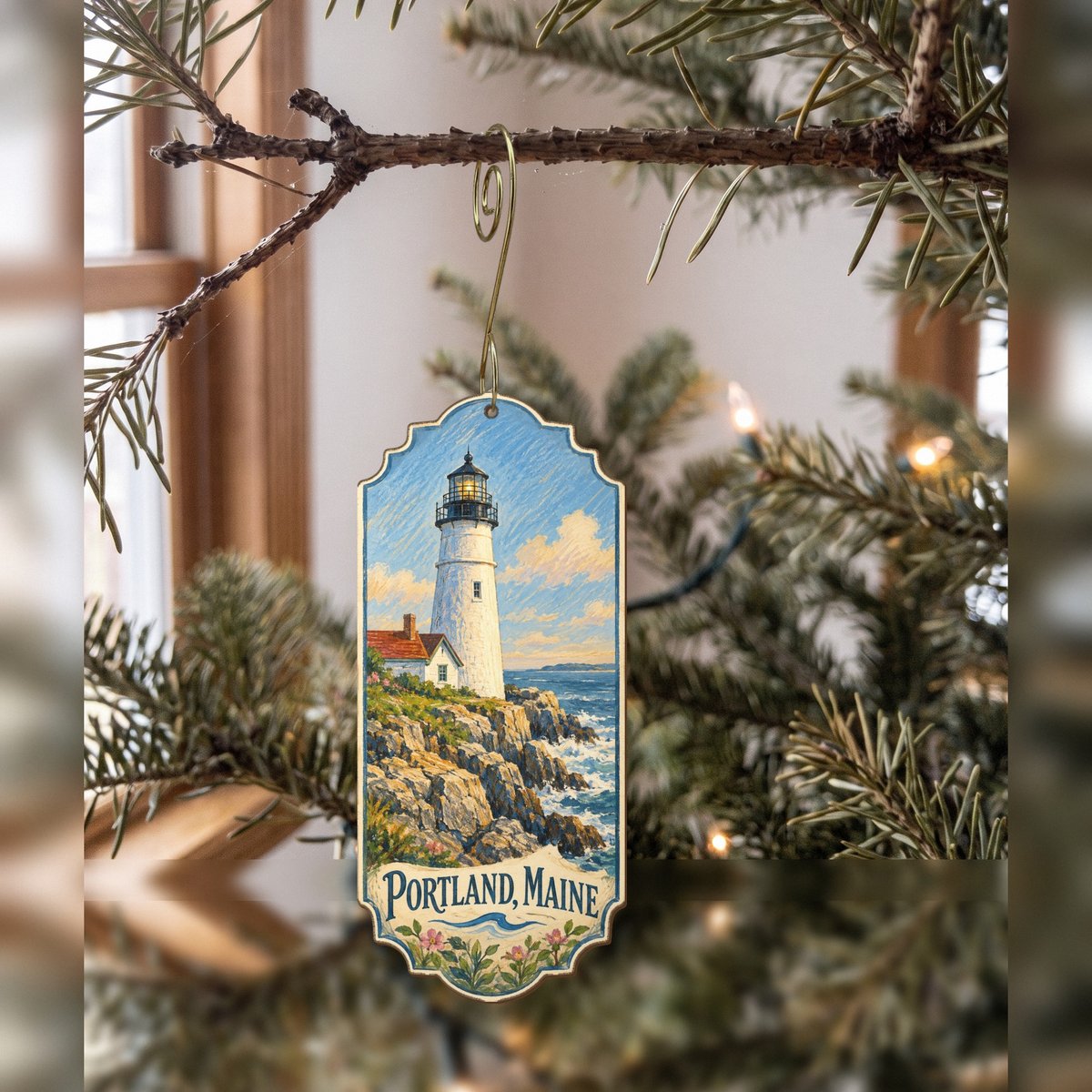 She's Choosing Portland, Maine Ornament | Colored Pencil over Gouache | S942-O