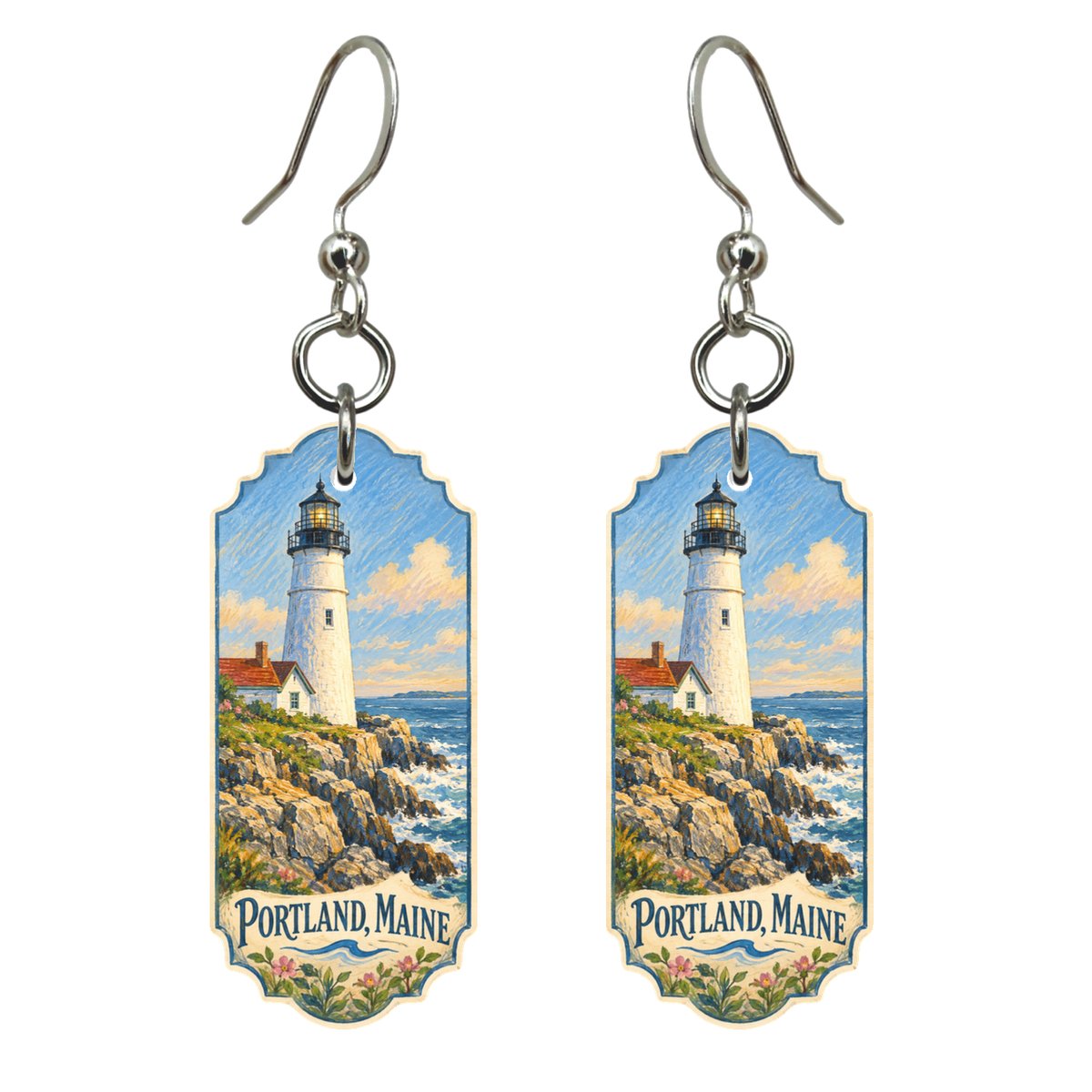She's Choosing Portland, Maine Earrings | Colored Pencil over Gouache | S942