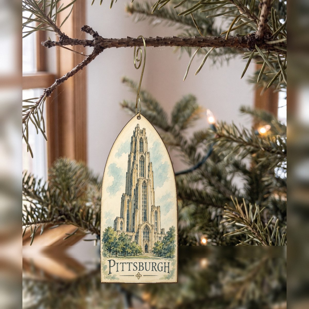 She's Choosing Pittsburgh Ornament | Pen and Watercolor Wash | S955-O
