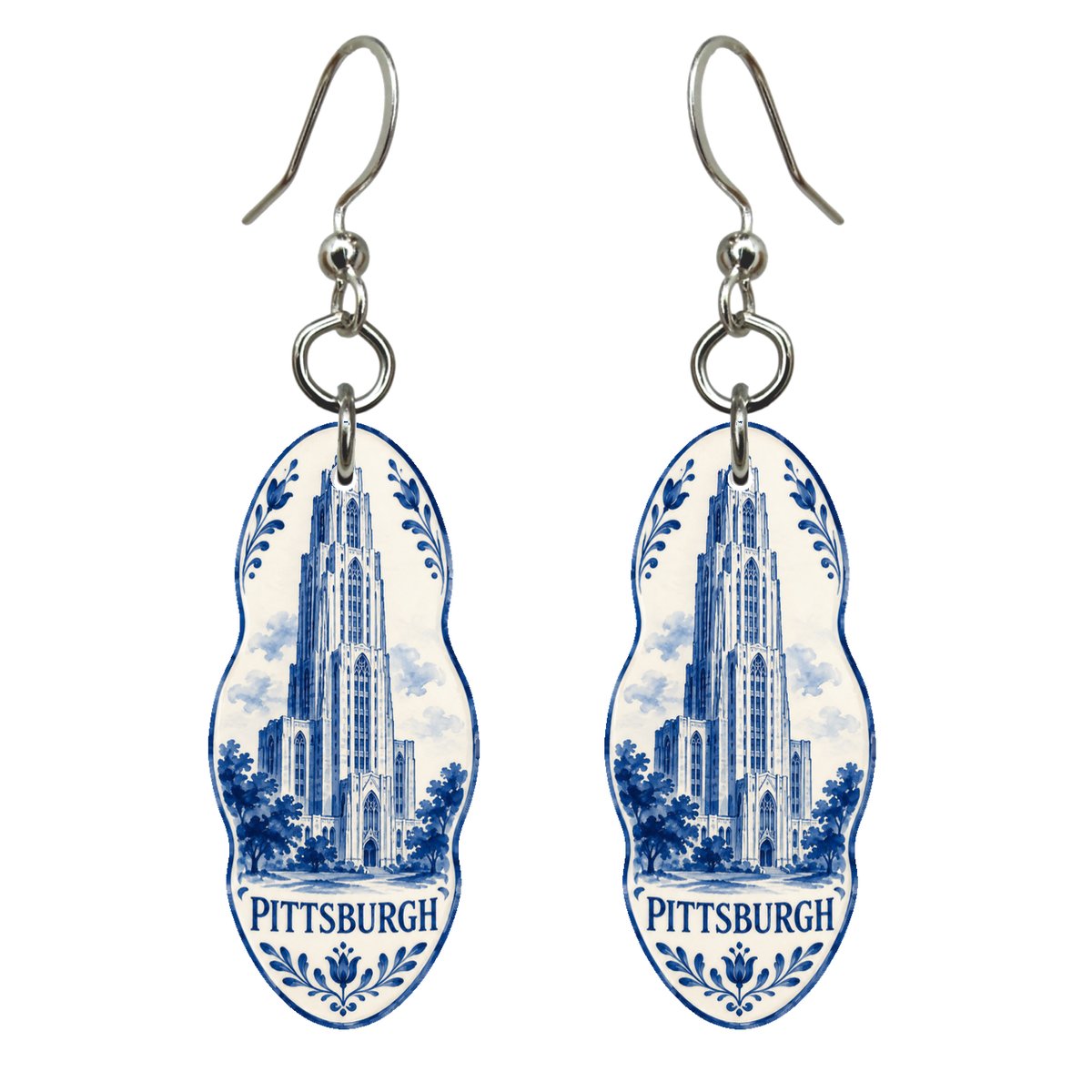 She's Choosing Pittsburgh Earrings | Blue-And-White Ceramic Illustration | S957
