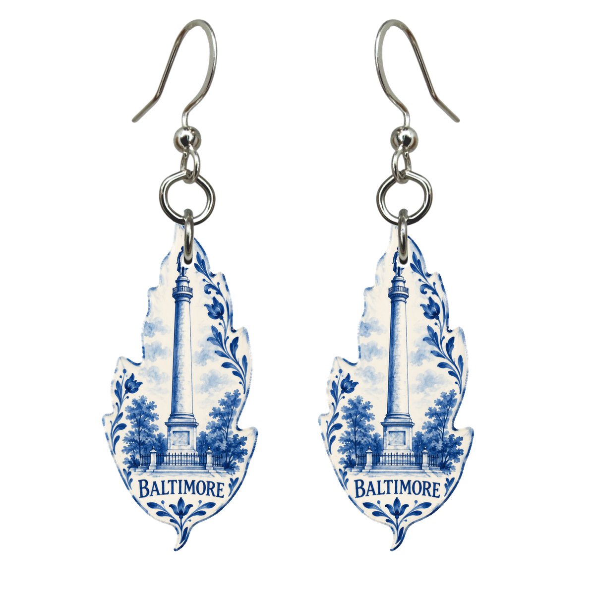She's Choosing Baltimore Earrings | Blue-And-White Ceramic Illustration | S975