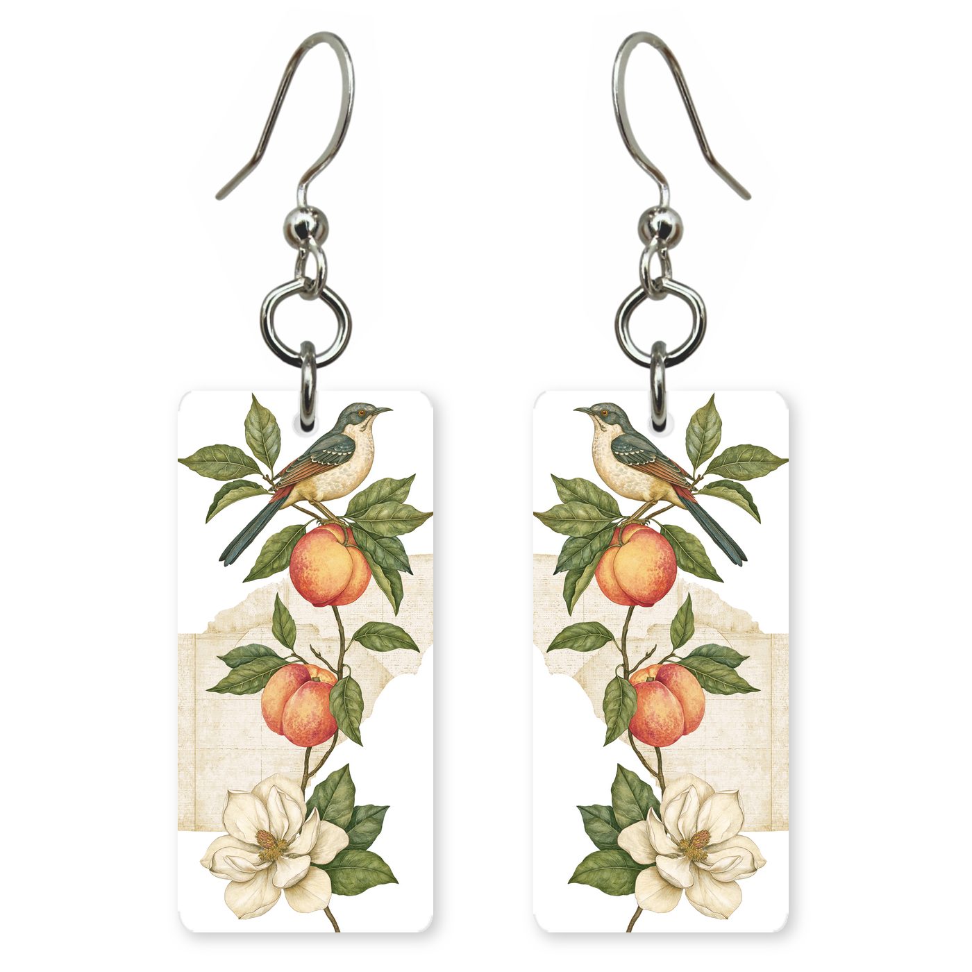 Peach Branch Bird — She's Choosing earrings, shown as a pair