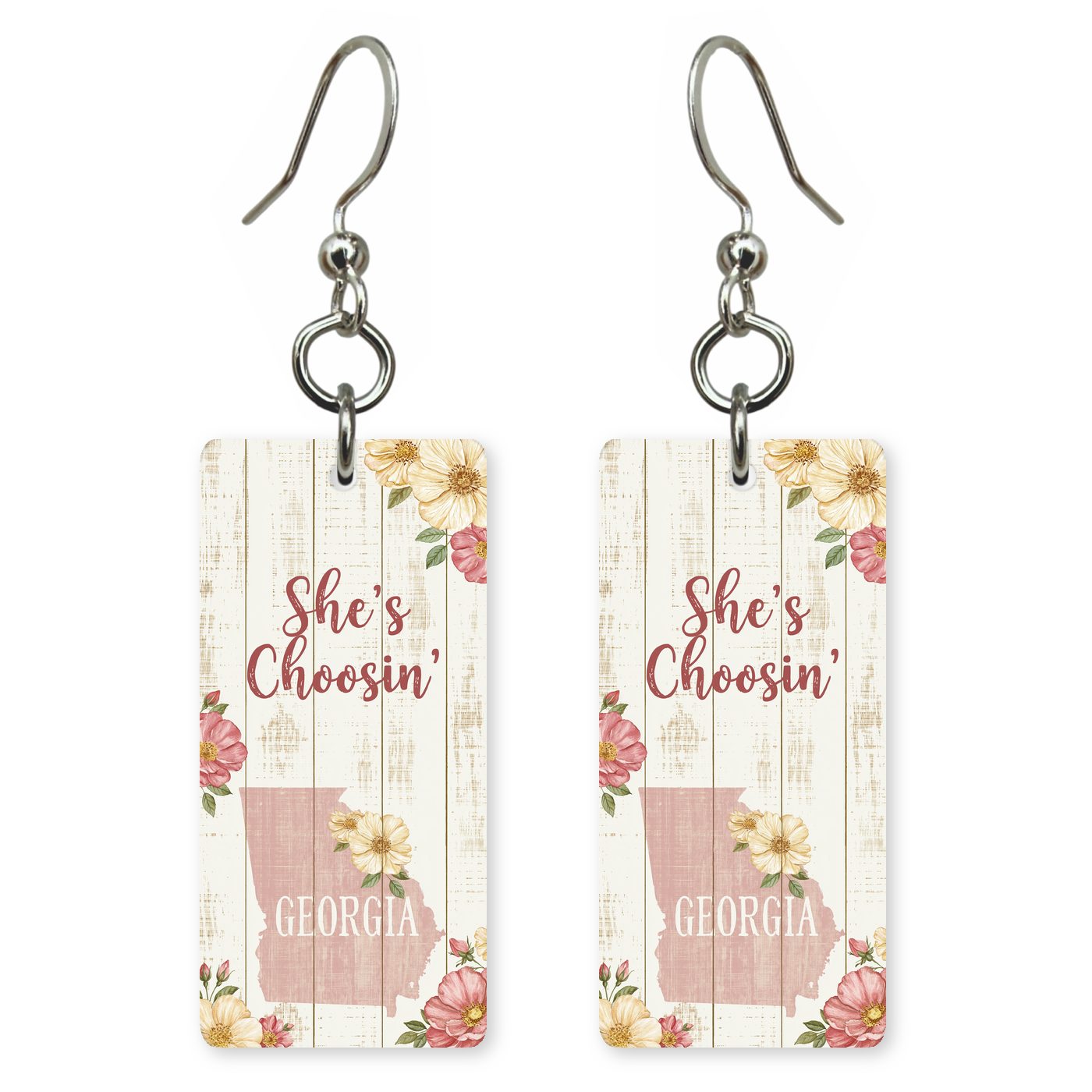 Pink Plank Floral — She's Choosing earrings, shown as a pair