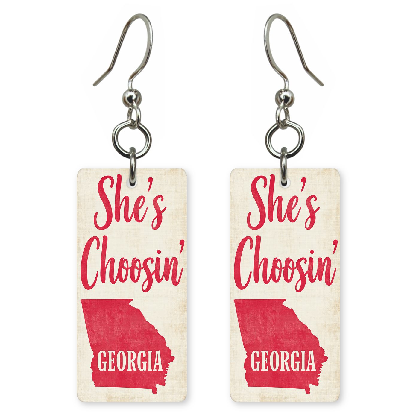 Red Script — She's Choosing earrings, shown as a pair