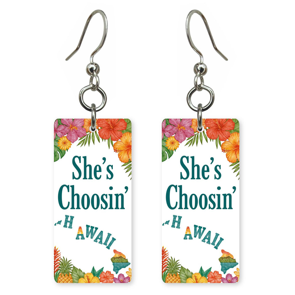 Hibiscus Islands Teal — She's Choosing earrings, shown as a pair
