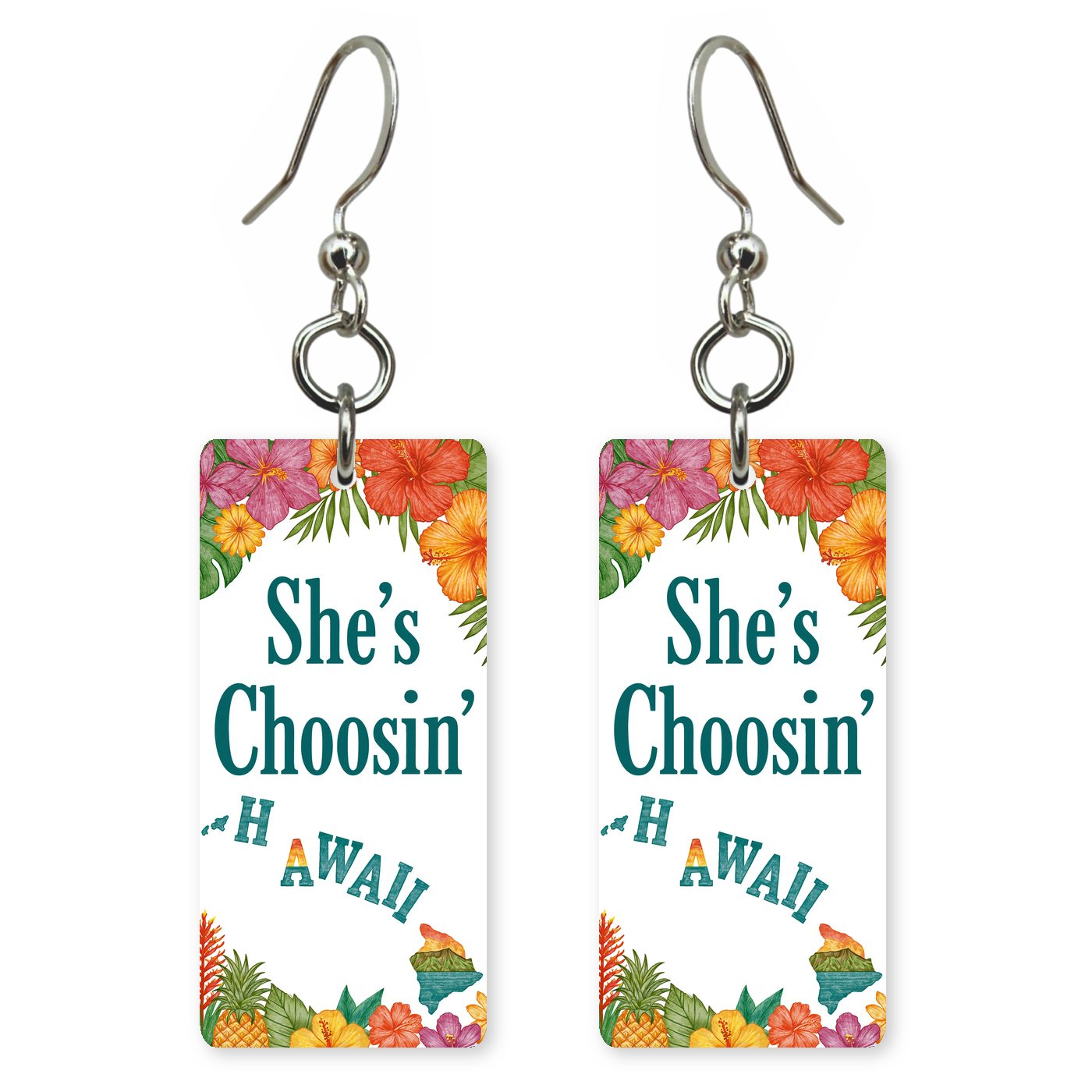 Hibiscus Islands Teal — She's Choosing earrings, shown as a pair