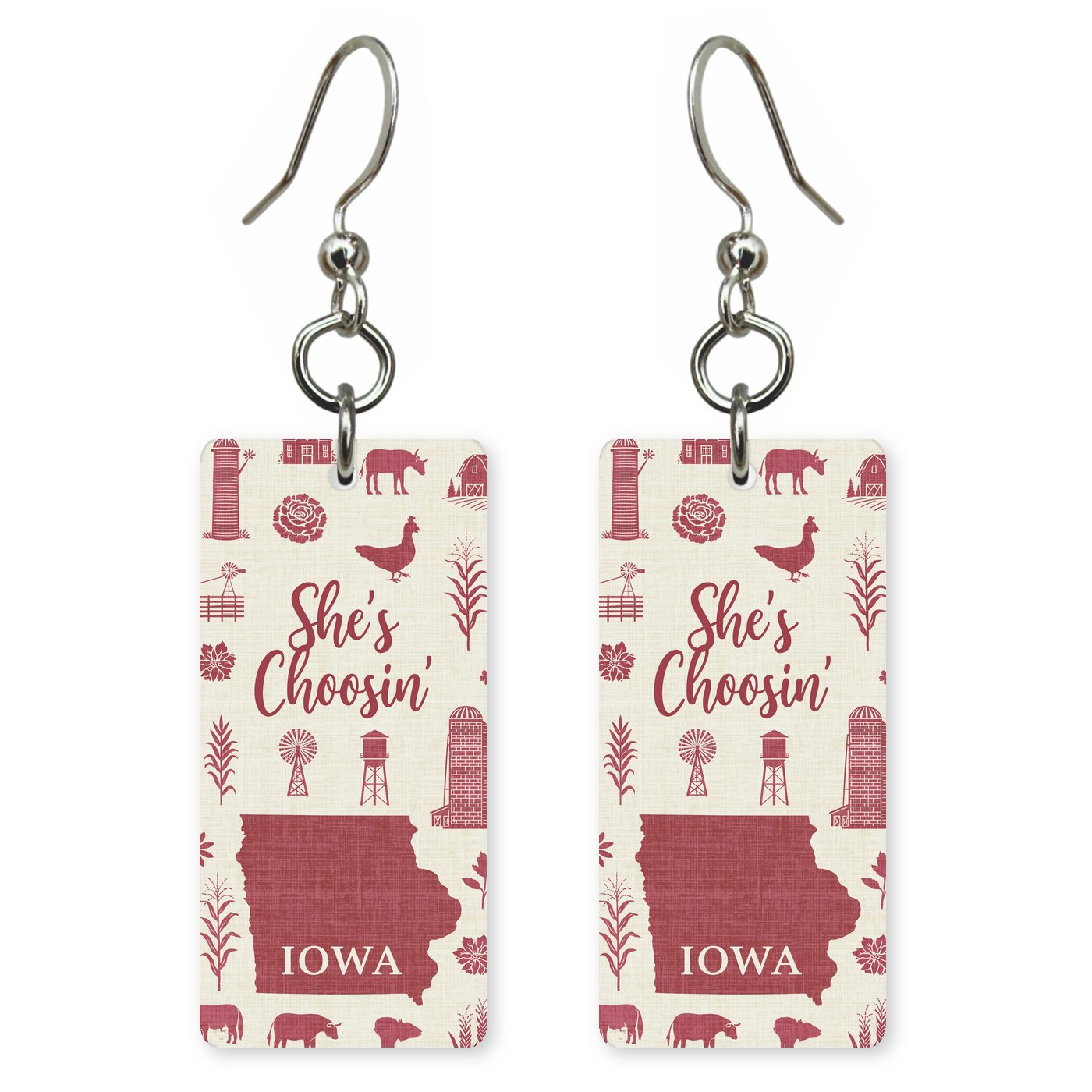 Red Farm Icons — She's Choosing earrings, shown as a pair
