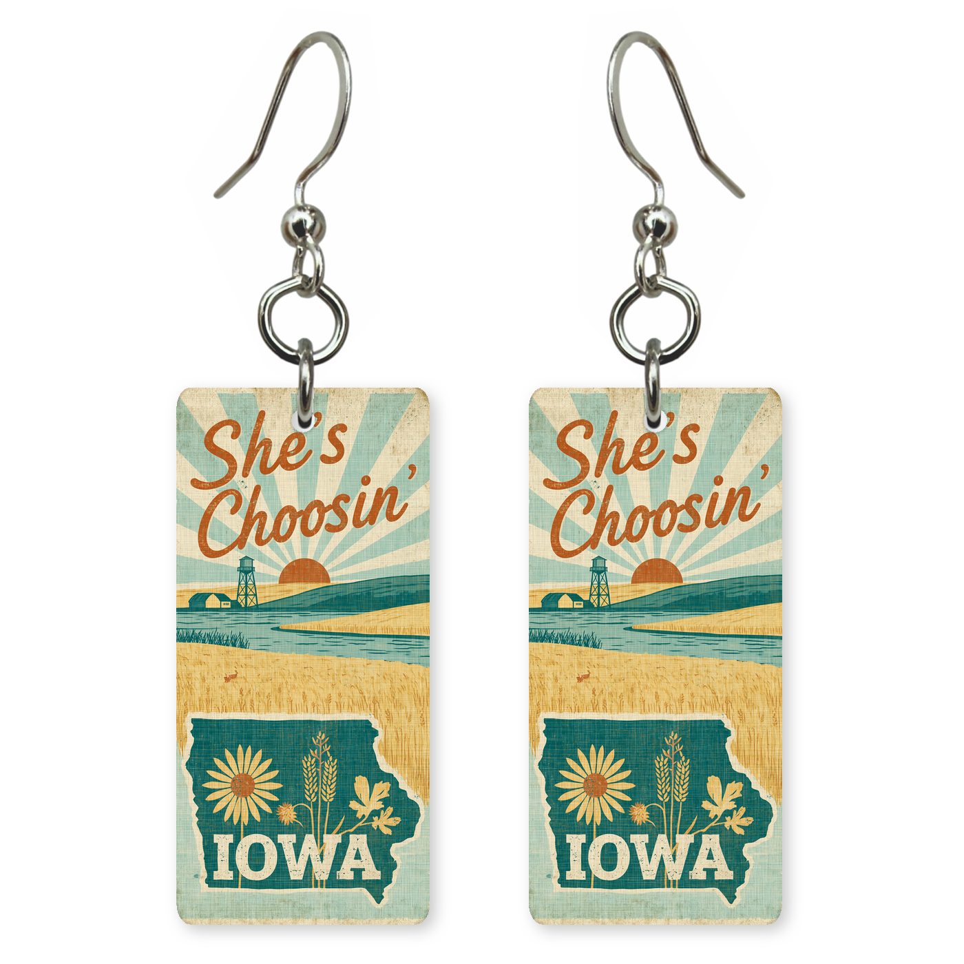 Sunrise Farm Poster — She's Choosing earrings, shown as a pair