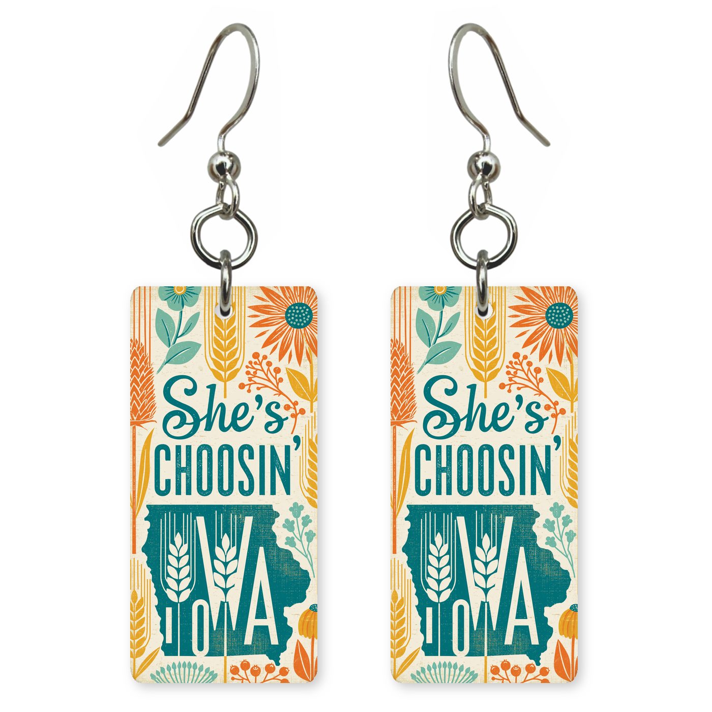 Corn Wheat Teal — She's Choosing earrings, shown as a pair