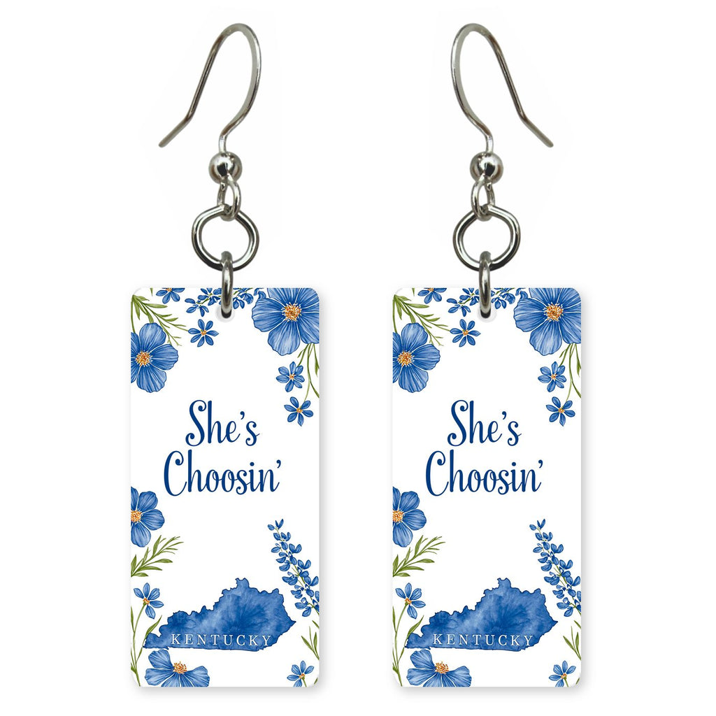 Blue Floral Frame — She's Choosing earrings, shown as a pair