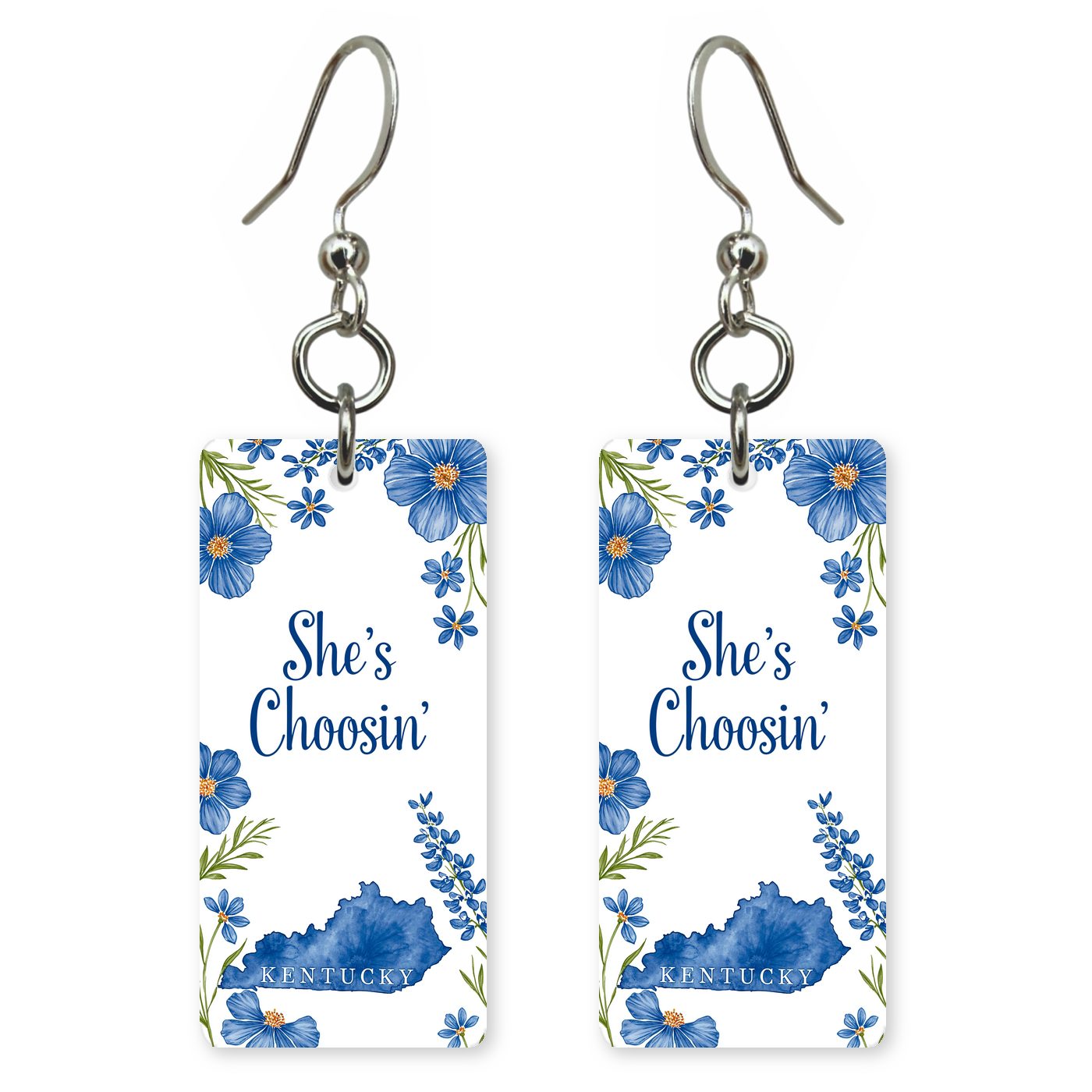 Blue Floral Frame — She's Choosing earrings, shown as a pair