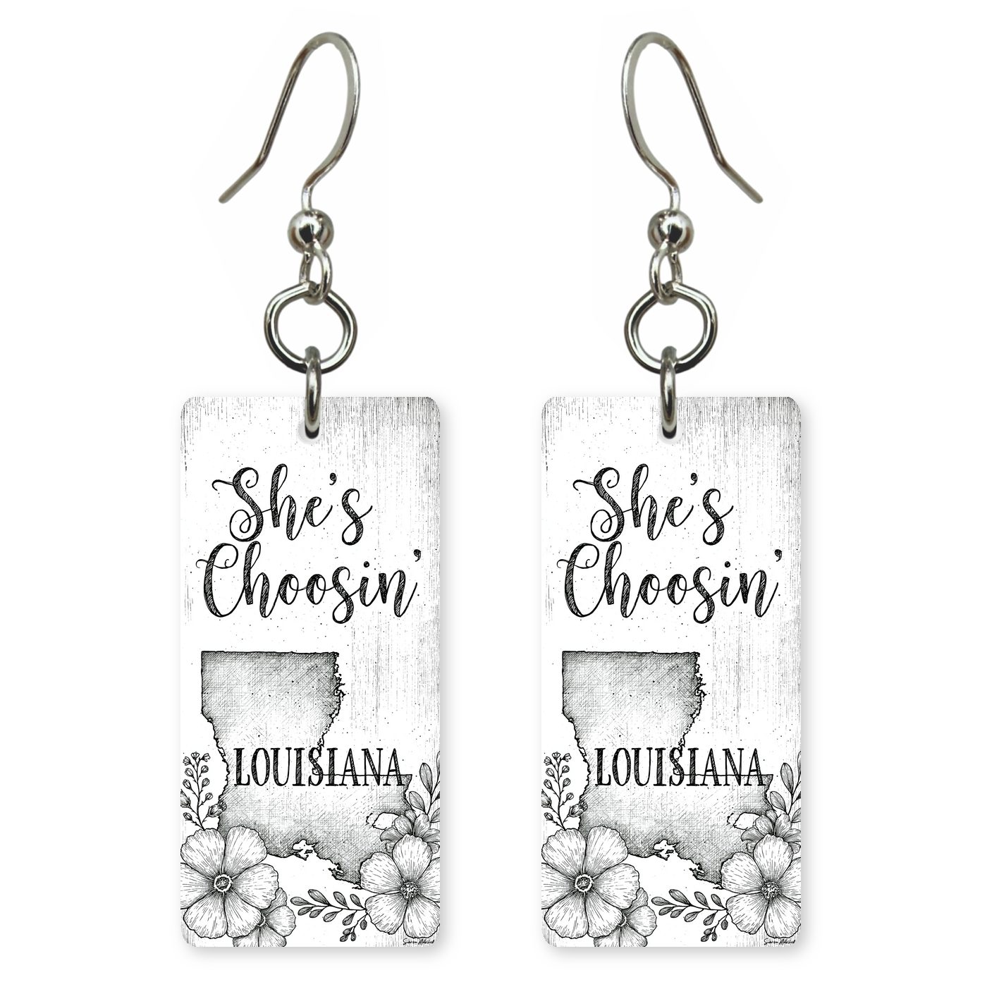 Pencil Sketch Floral — She's Choosing earrings, shown as a pair