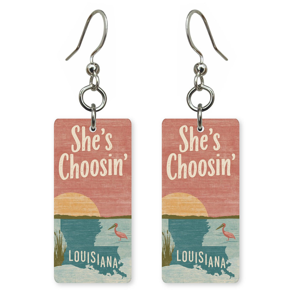 Sunset Pelican — She's Choosing earrings, shown as a pair
