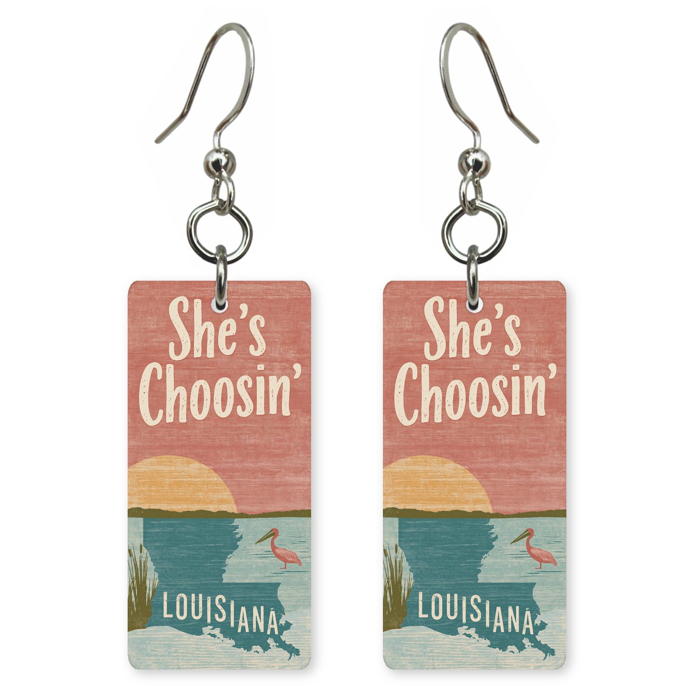 Sunset Pelican — She's Choosing earrings, shown as a pair