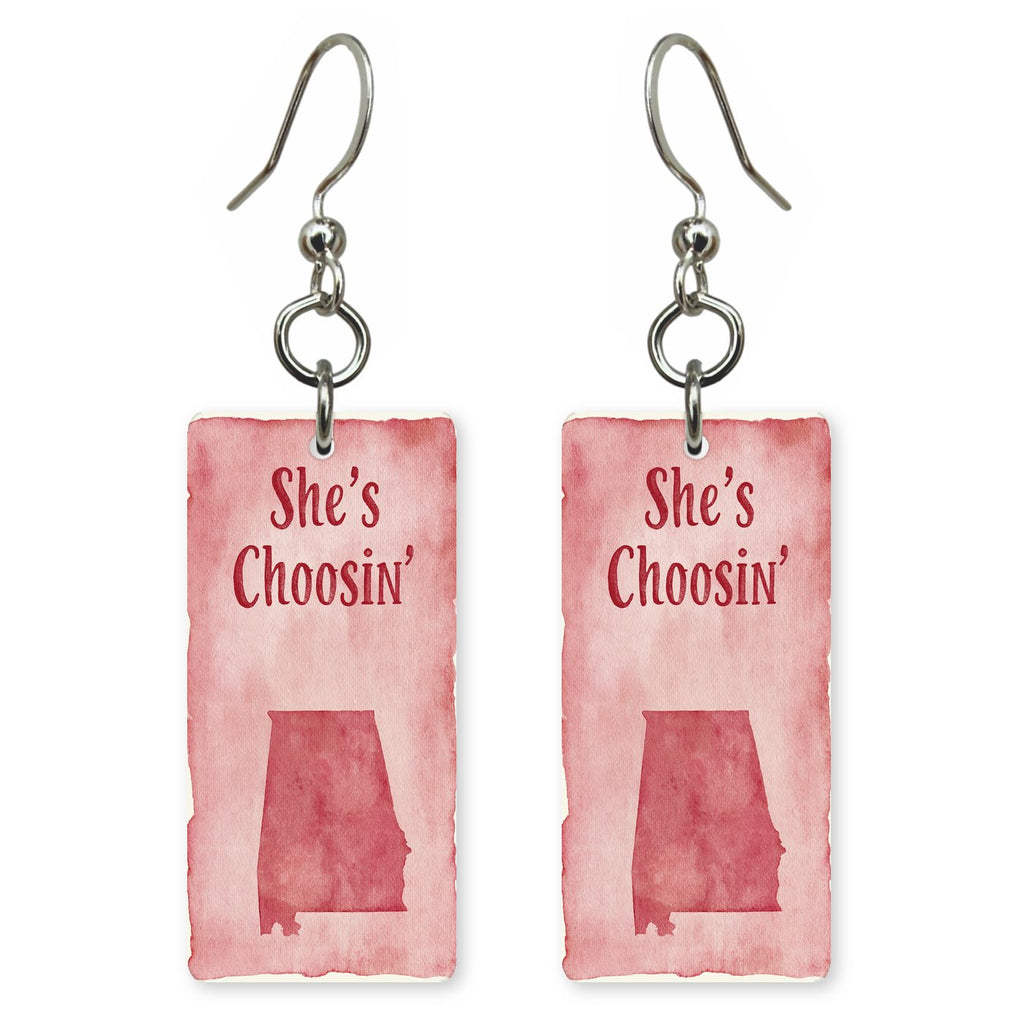 Pink Watercolor Silhouette — She's Choosing earrings, shown as a pair