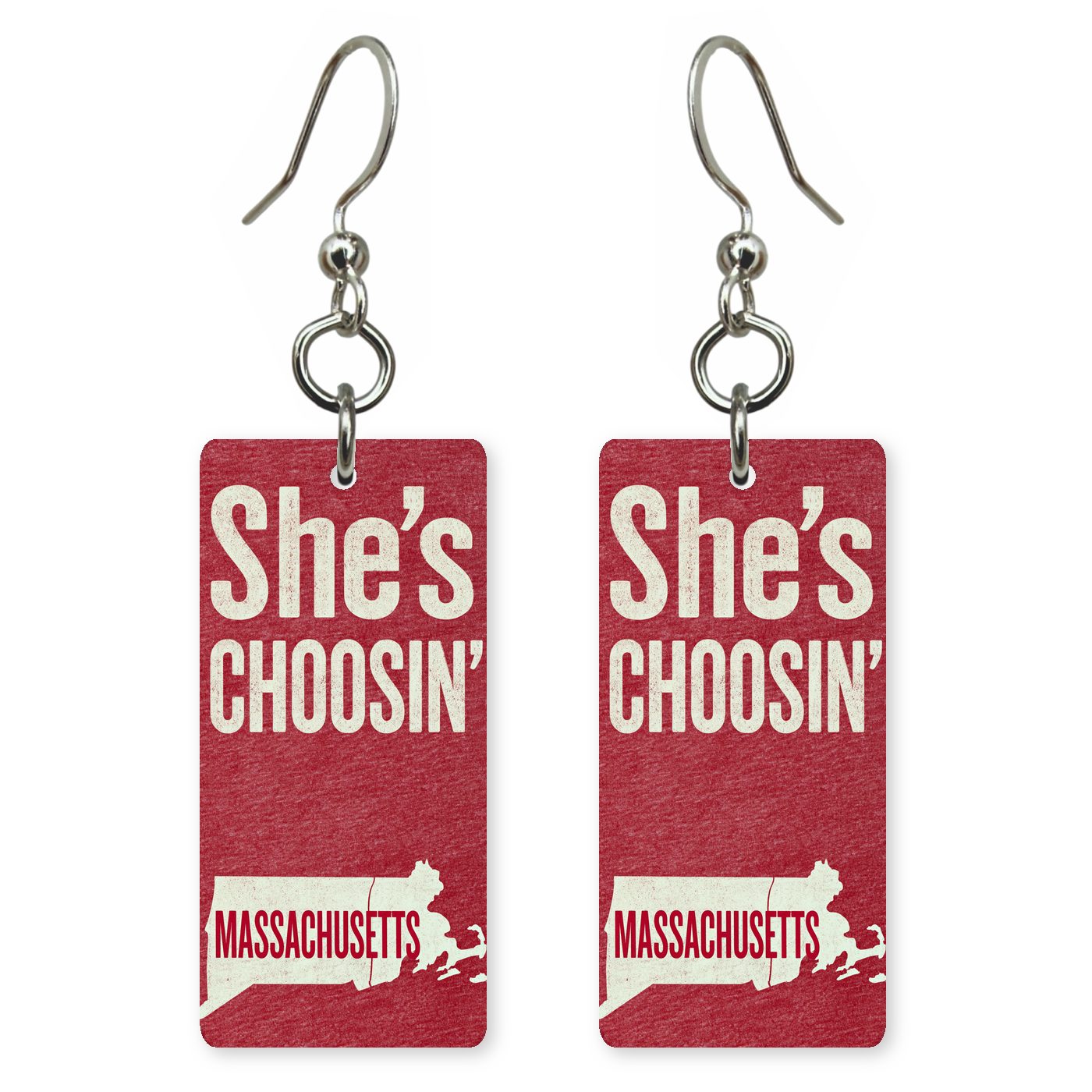 Red Block — She's Choosing earrings, shown as a pair