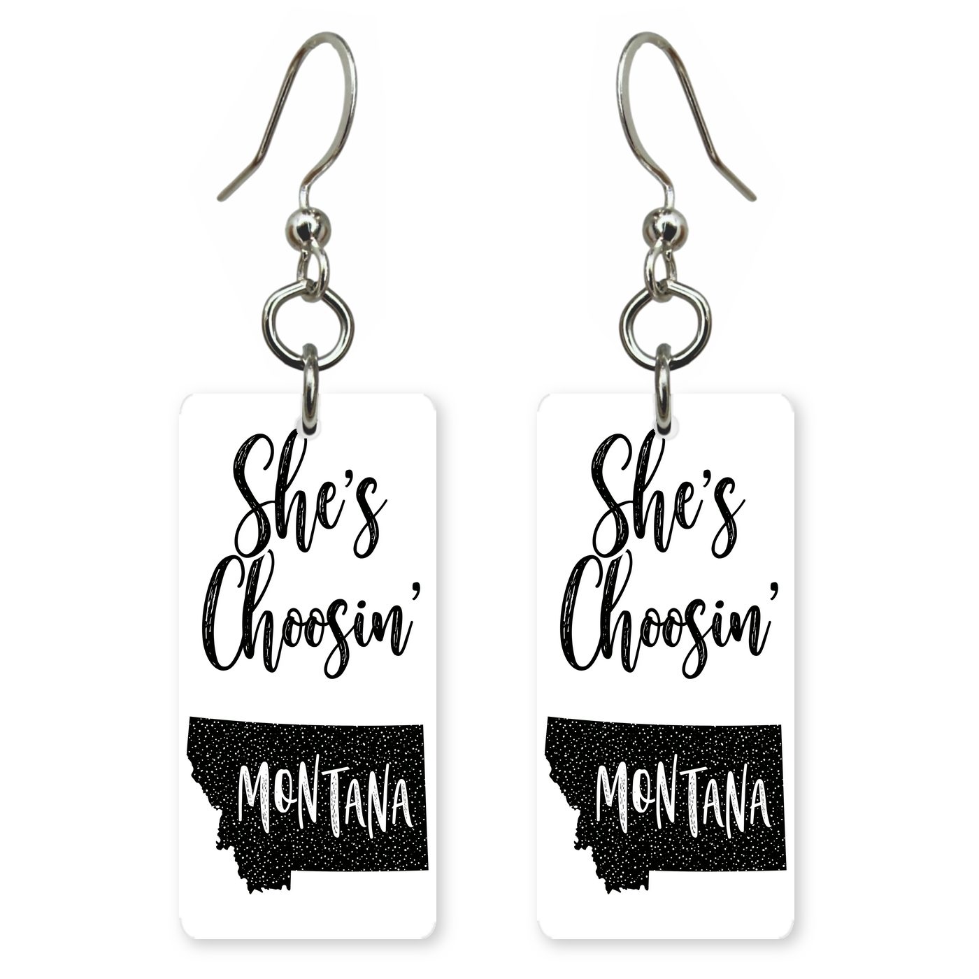 Black Script — She's Choosing earrings, shown as a pair