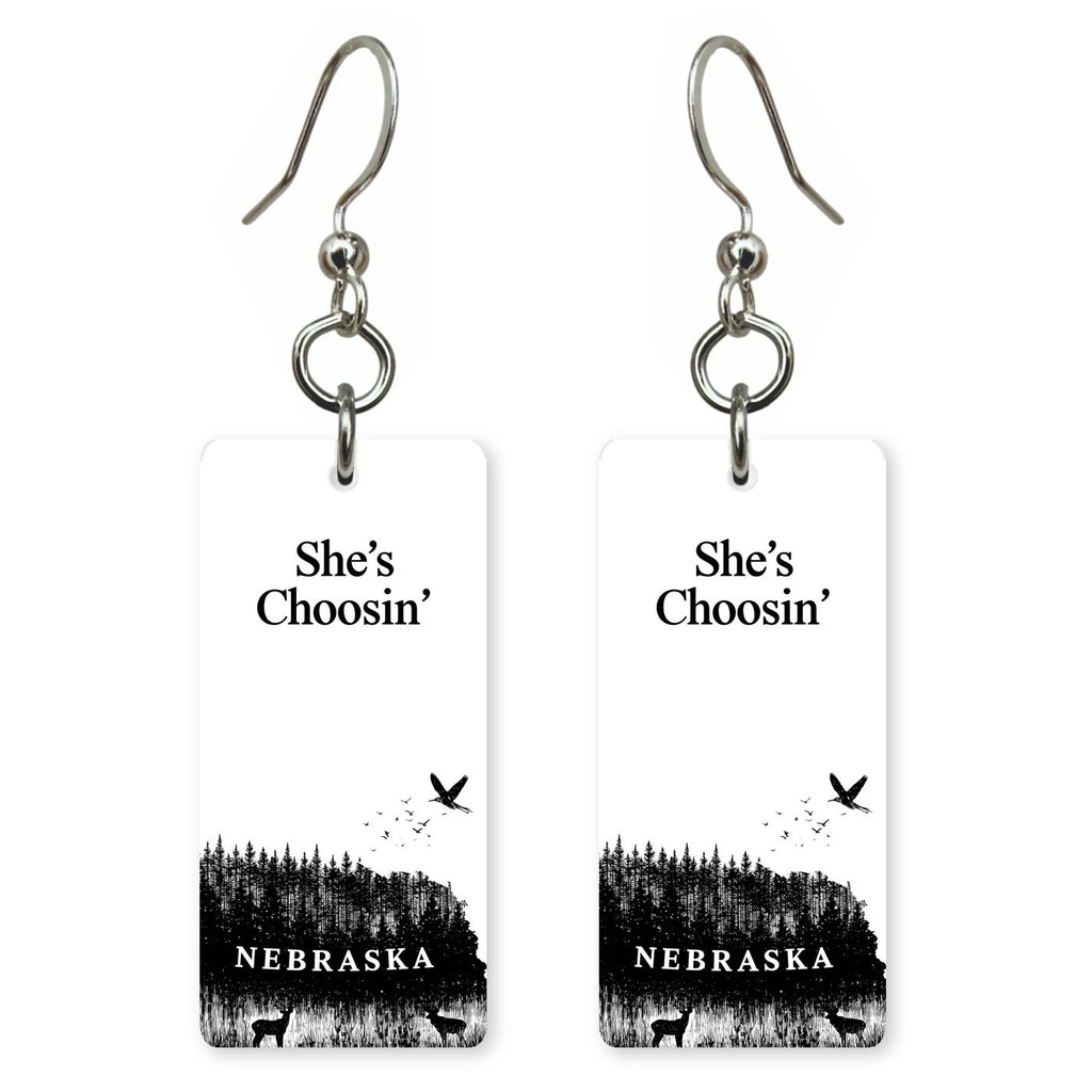 Ink Birds — She's Choosing earrings, shown as a pair