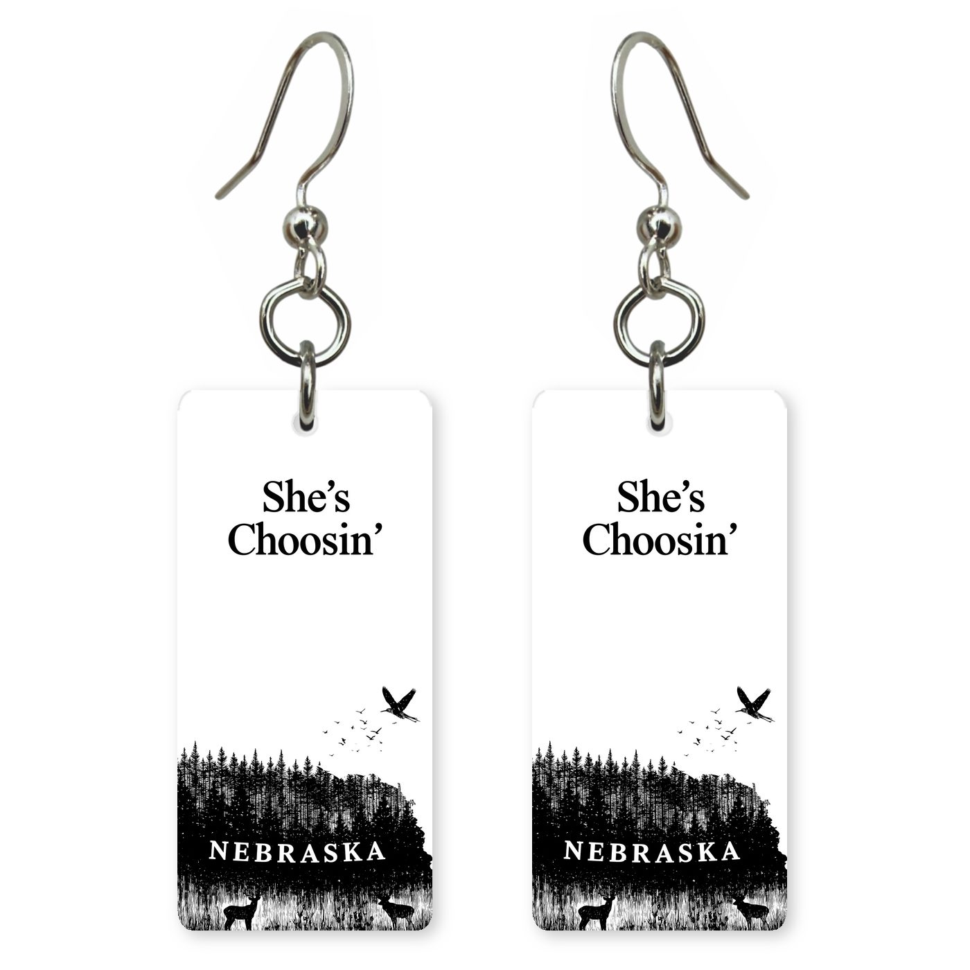 Ink Birds — She's Choosing earrings, shown as a pair