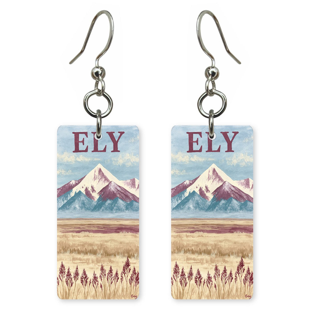 Wheeler Peak Text Ely — She's Choosing earrings, shown as a pair