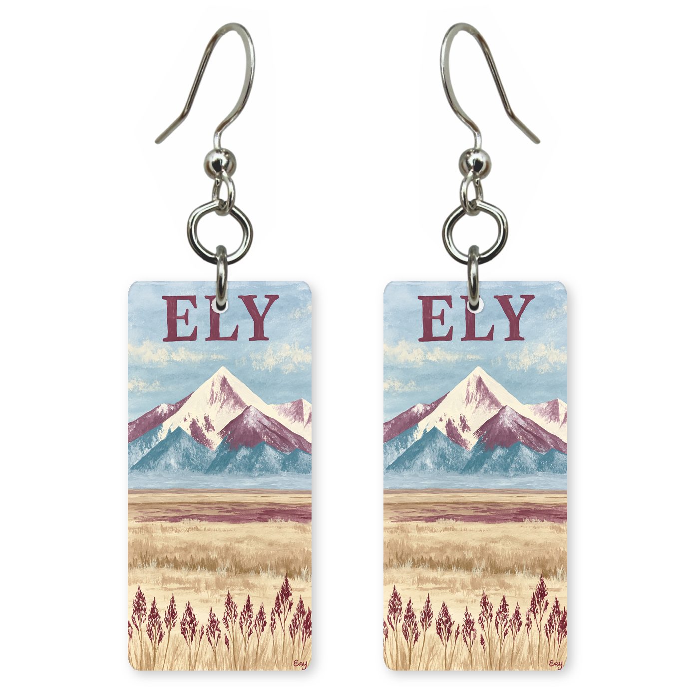 Wheeler Peak Text Ely — She's Choosing earrings, shown as a pair