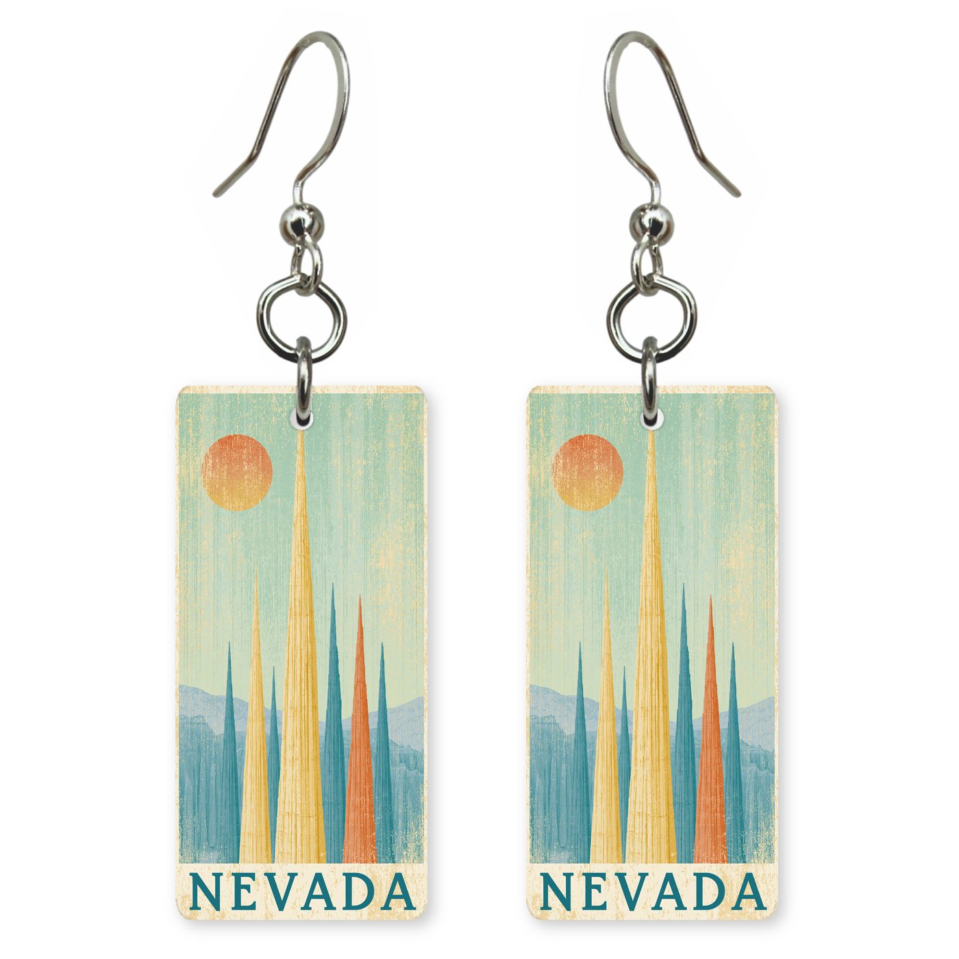 Cathedral Gorge Spires Text — She's Choosing earrings, shown as a pair