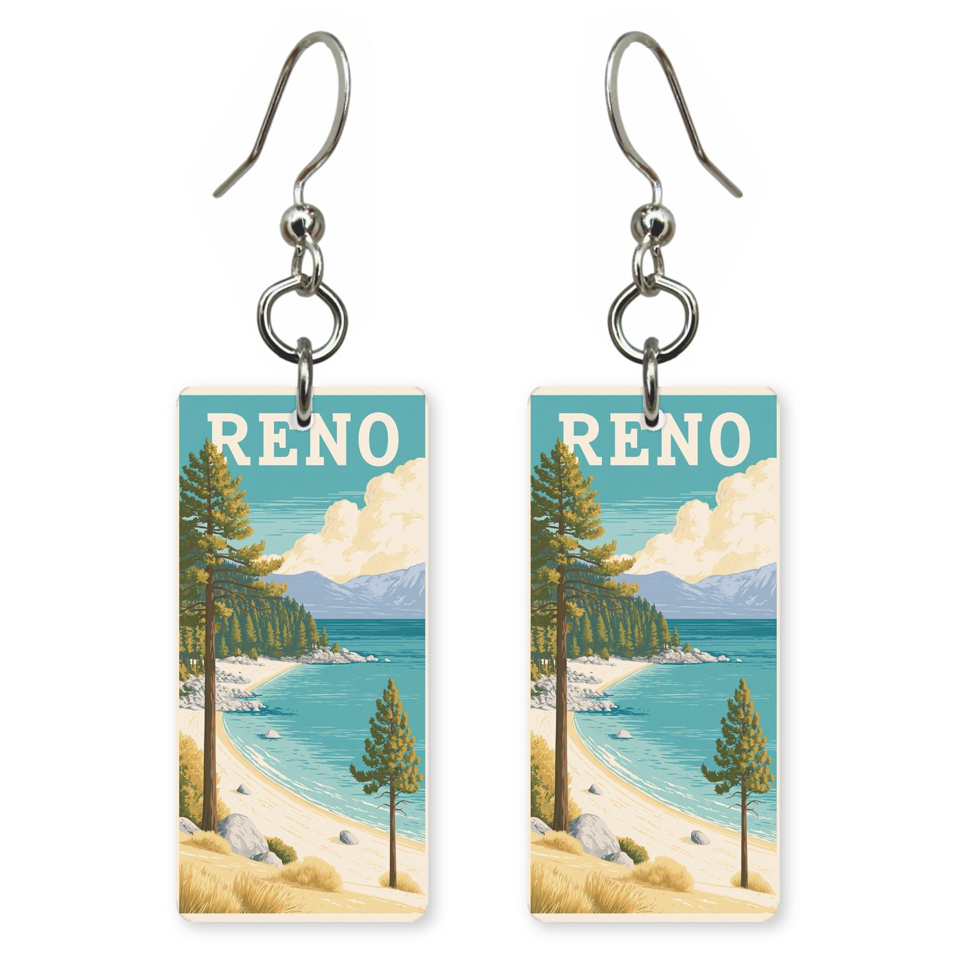 Lake Tahoe Text Reno — She's Choosing earrings, shown as a pair