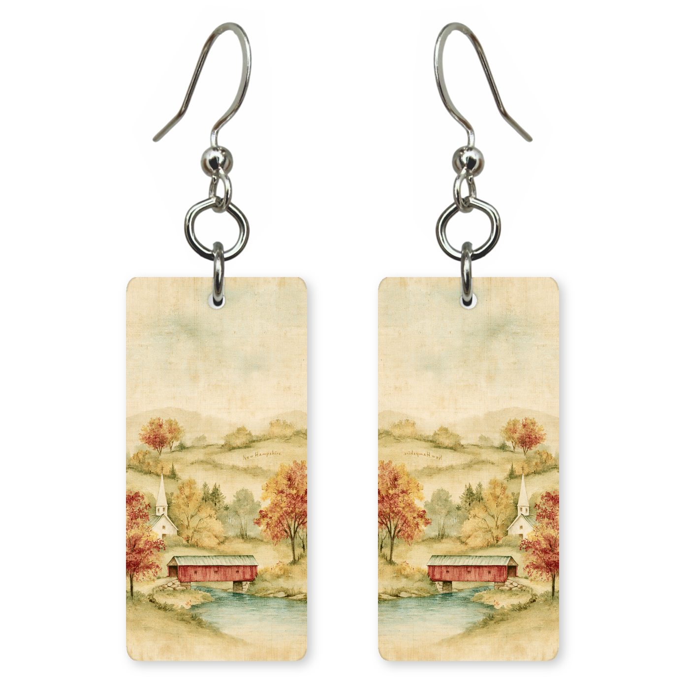 Covered Bridge Autumn — She's Choosing earrings, shown as a pair