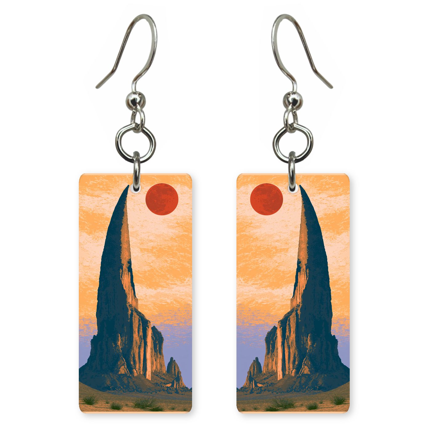 Shiprock Silhouetted Sunset Dramatic — She's Choosing earrings, shown as a pair