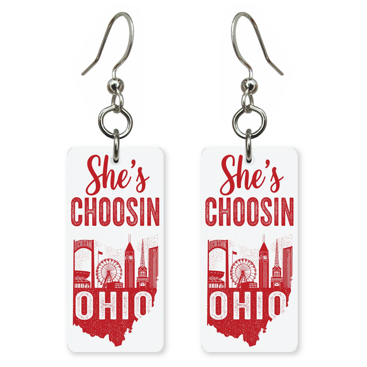 Red Icons — She's Choosing earrings, shown as a pair