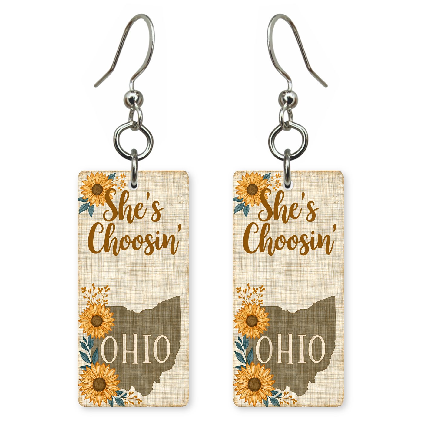 Burlap Sunflower — She's Choosing earrings, shown as a pair