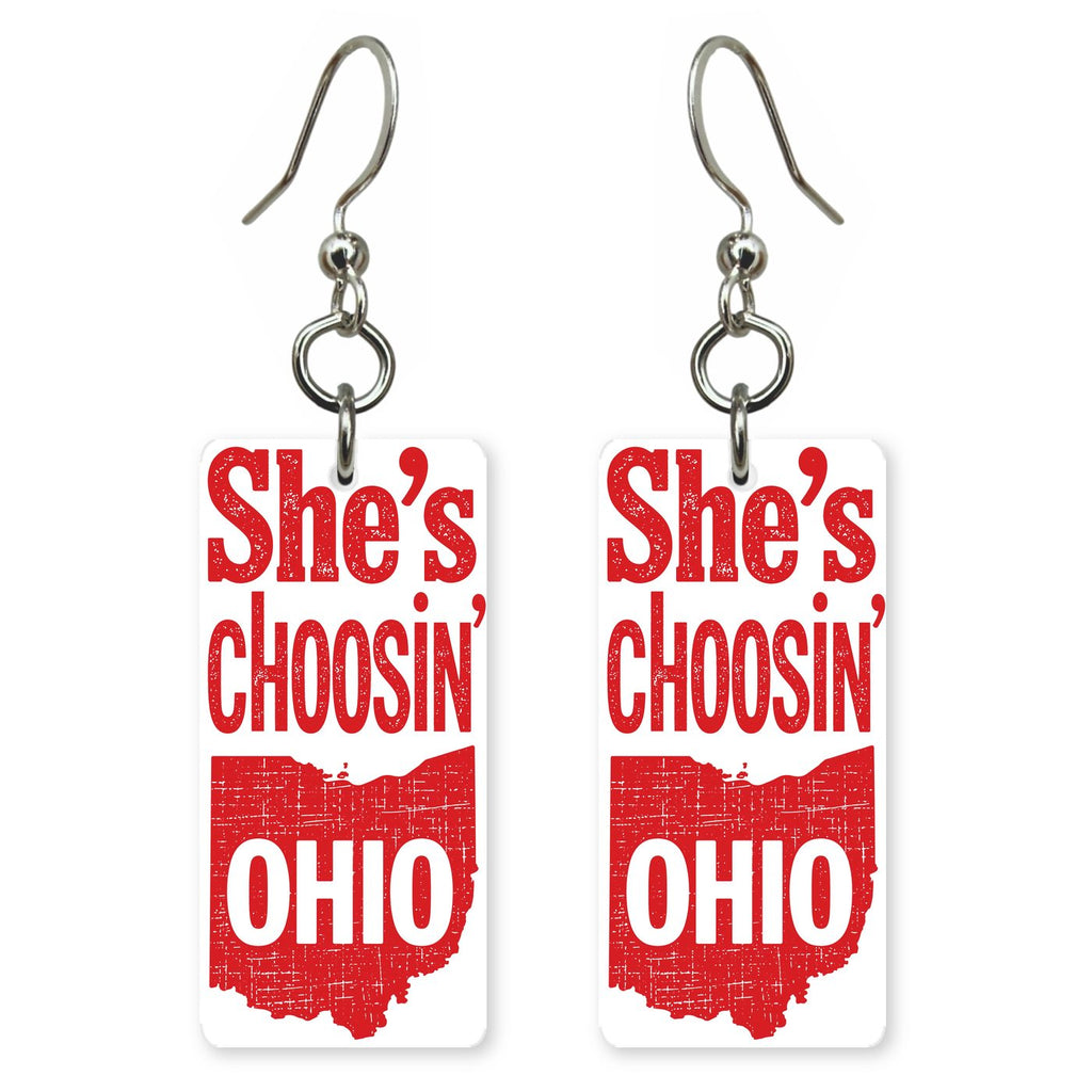 Red Block — She's Choosing earrings, shown as a pair