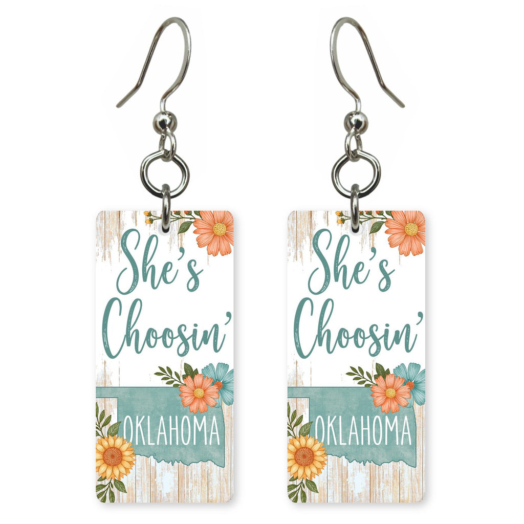 Blue Floral Plank — She's Choosing earrings, shown as a pair
