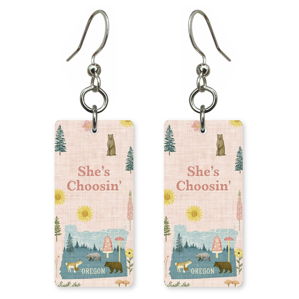 Pink Forest Critters — She's Choosing earrings, shown as a pair