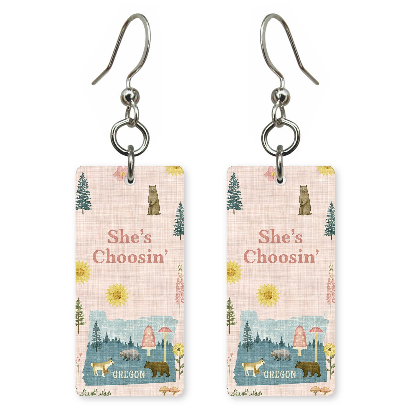 Pink Forest Critters — She's Choosing earrings, shown as a pair