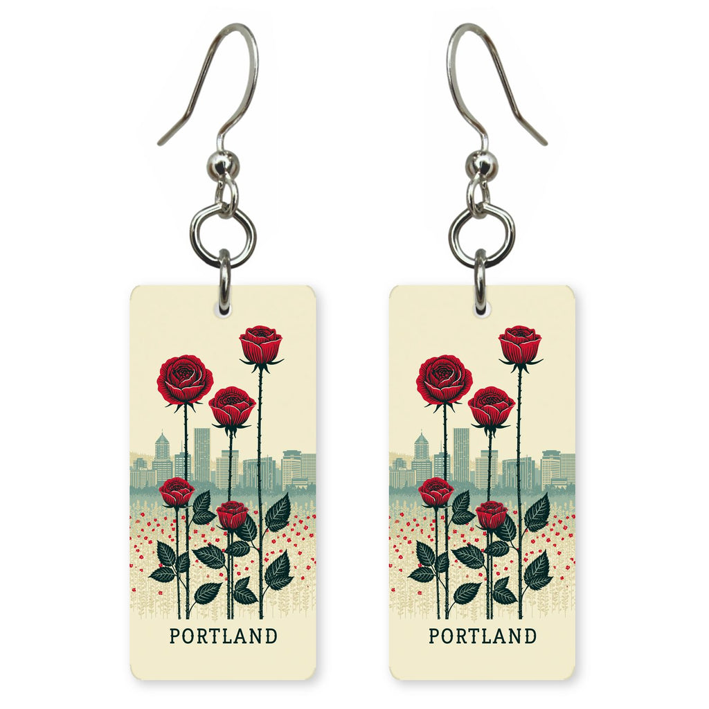 Rose Garden Skyline Text — She's Choosing earrings, shown as a pair