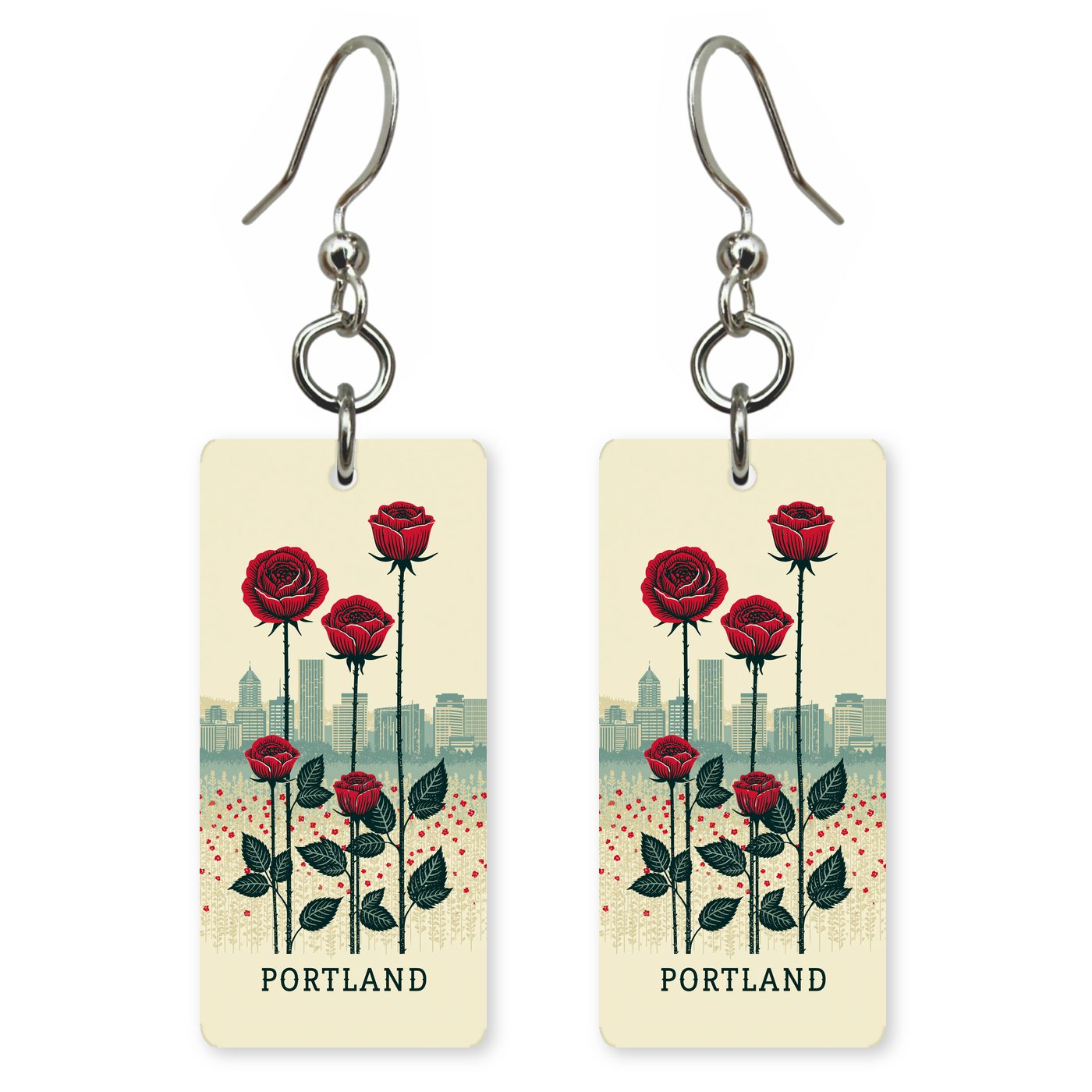 Rose Garden Skyline Text — She's Choosing earrings, shown as a pair
