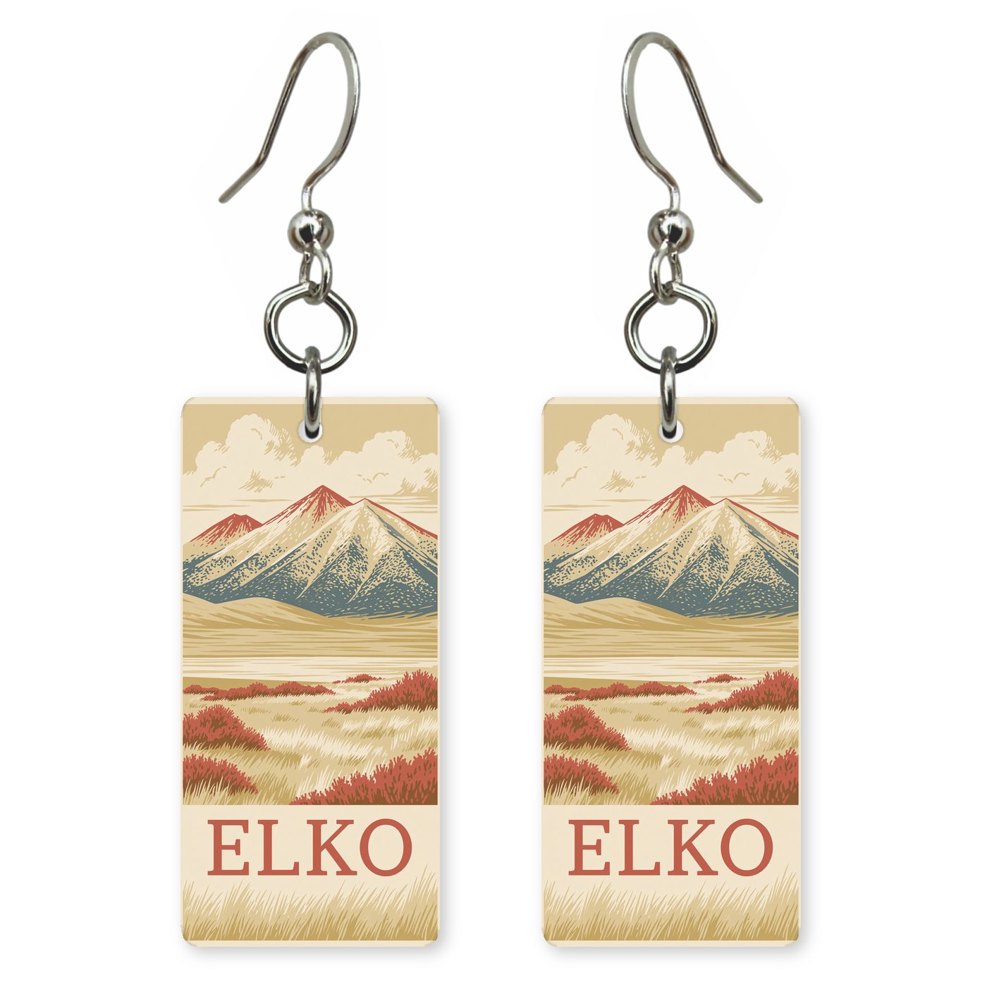 Ruby Mountains Text Elko — She's Choosing earrings, shown as a pair