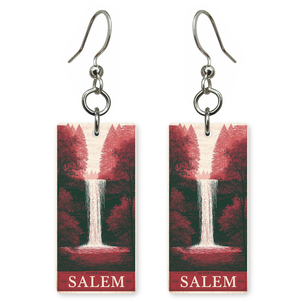 Silver Falls Text Salem — She's Choosing earrings, shown as a pair