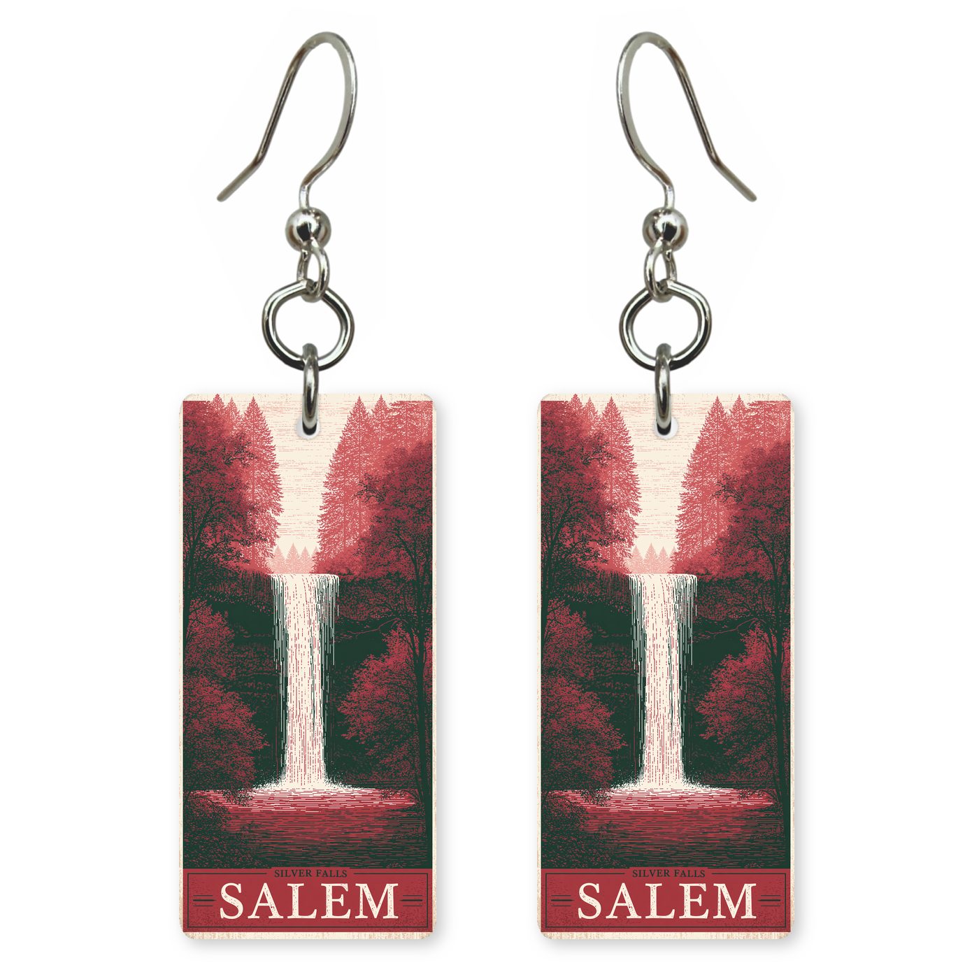 Silver Falls Text Salem — She's Choosing earrings, shown as a pair