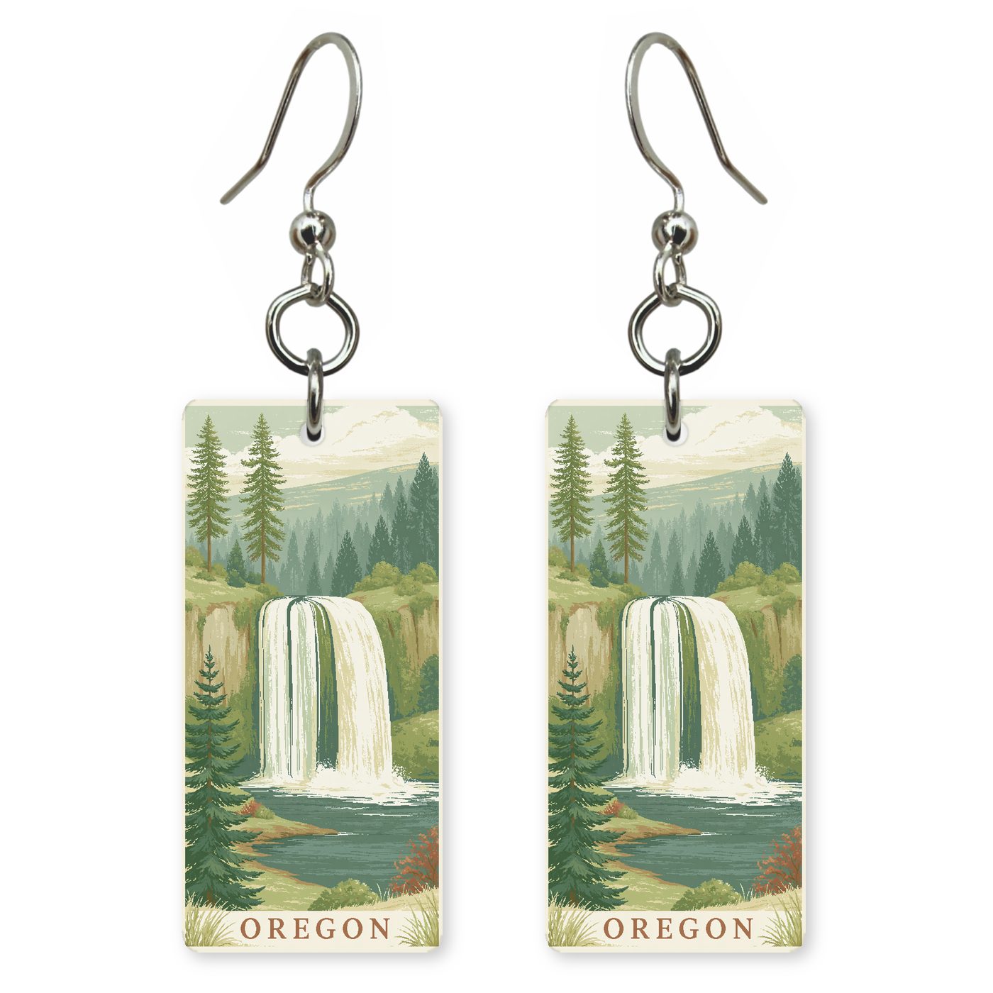 South Falls Text Oregon — She's Choosing earrings, shown as a pair