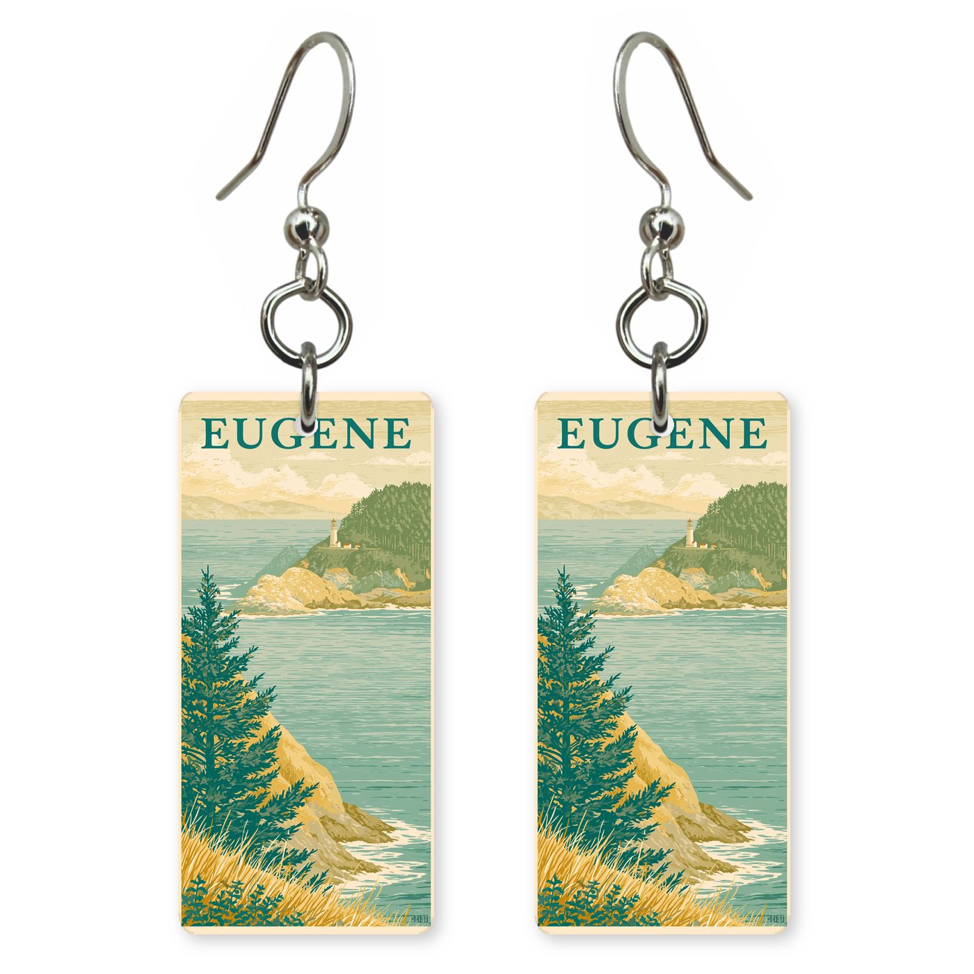 Cape Perpetua Text Eugene — She's Choosing earrings, shown as a pair