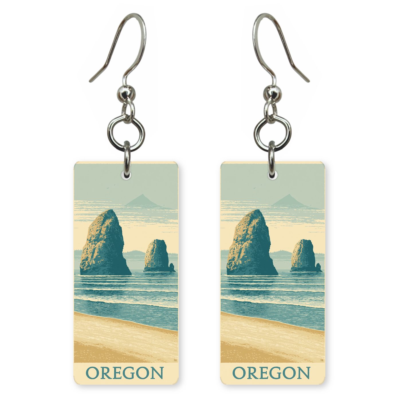 Haystack Rock Text Oregon — She's Choosing earrings, shown as a pair