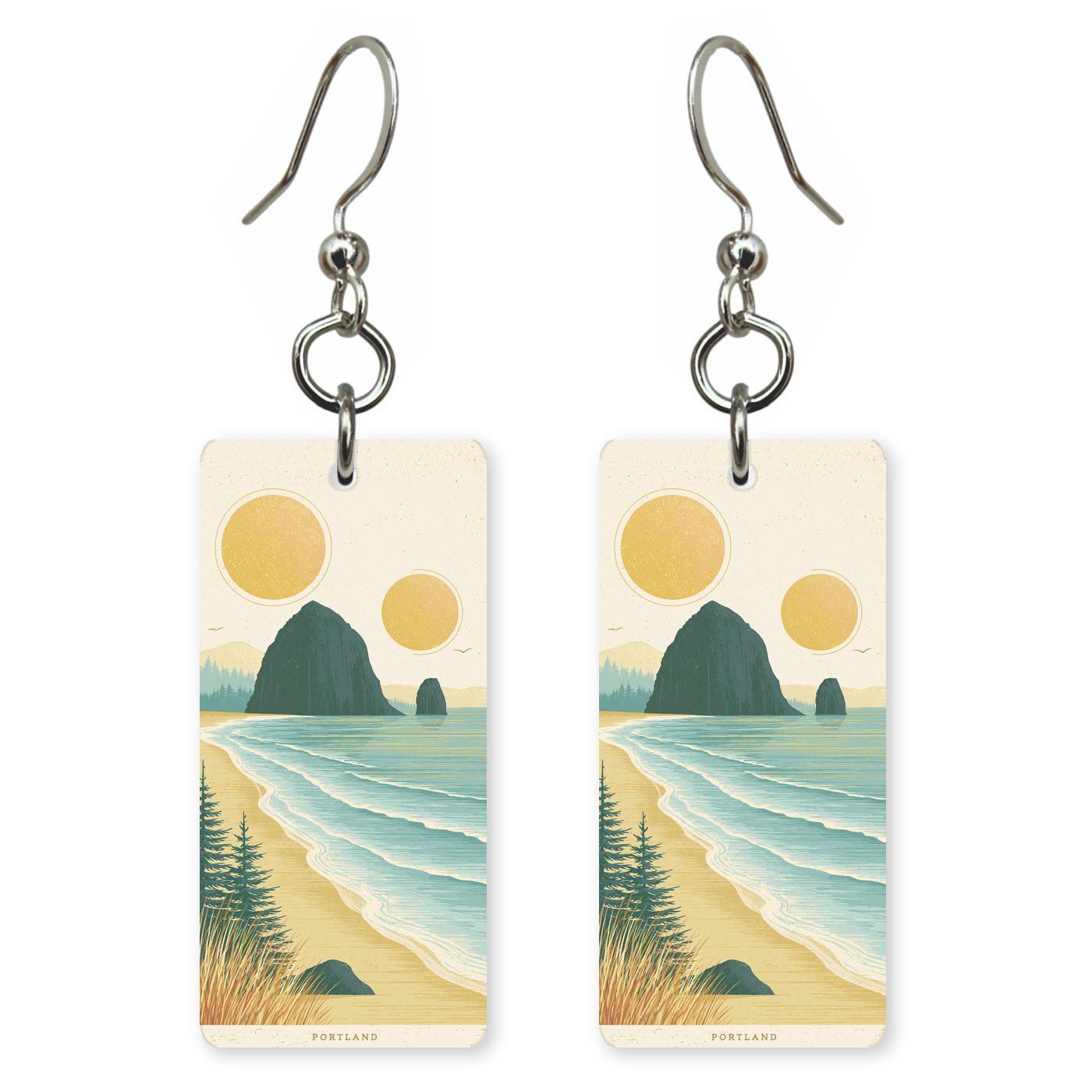 Haystack Rock Text Portland — She's Choosing earrings, shown as a pair