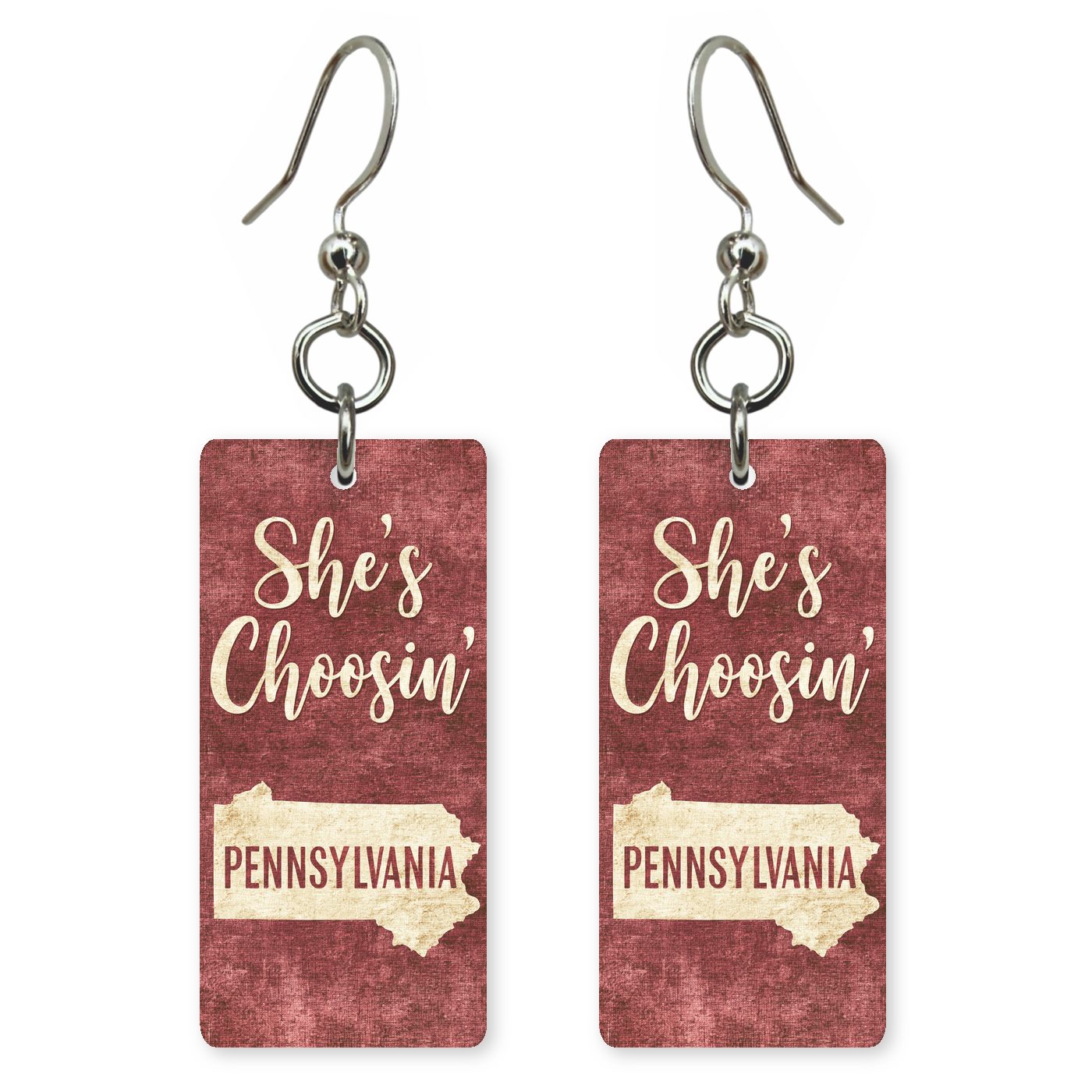 Burgundy Plank — She's Choosing earrings, shown as a pair