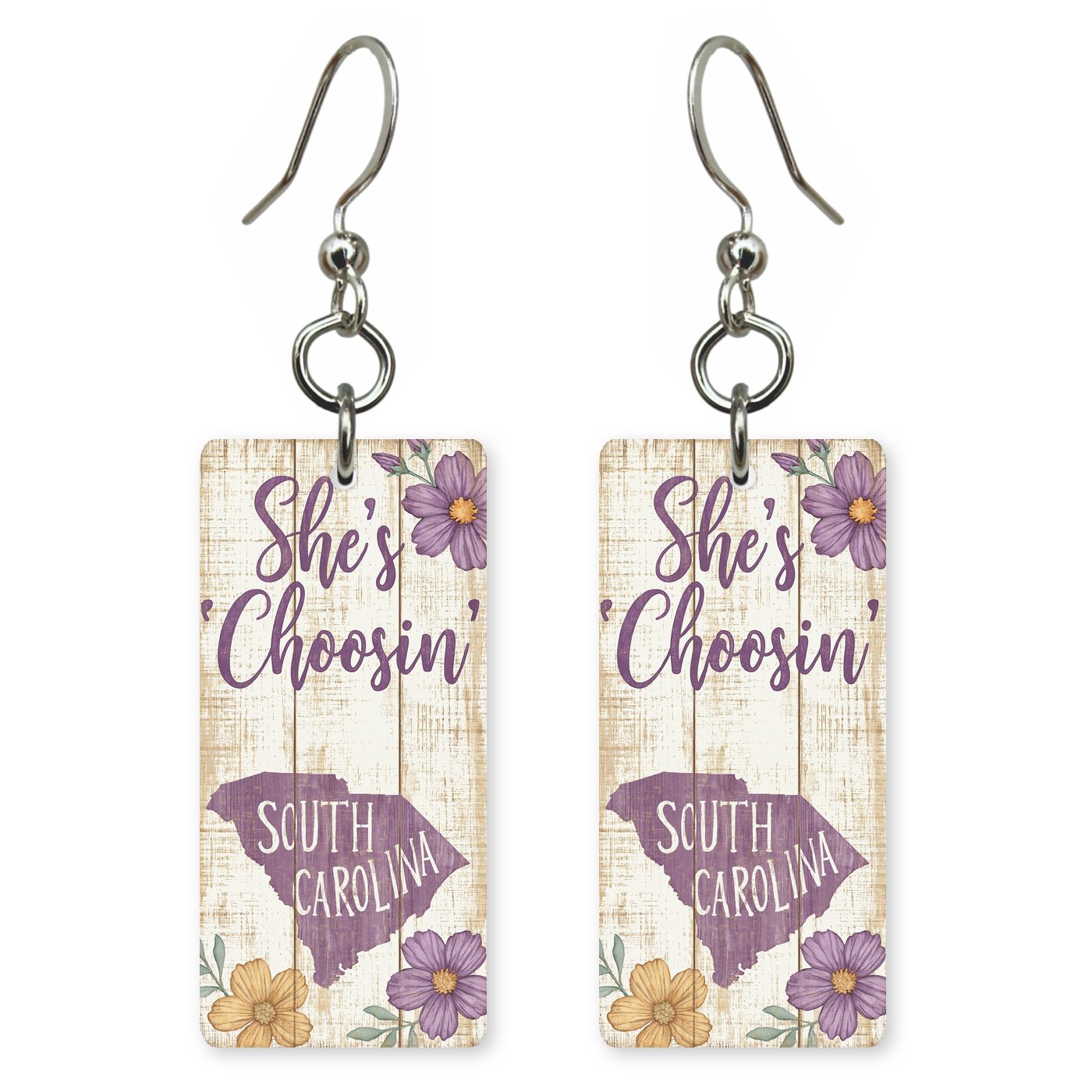 Purple Florals Plank — She's Choosing earrings, shown as a pair