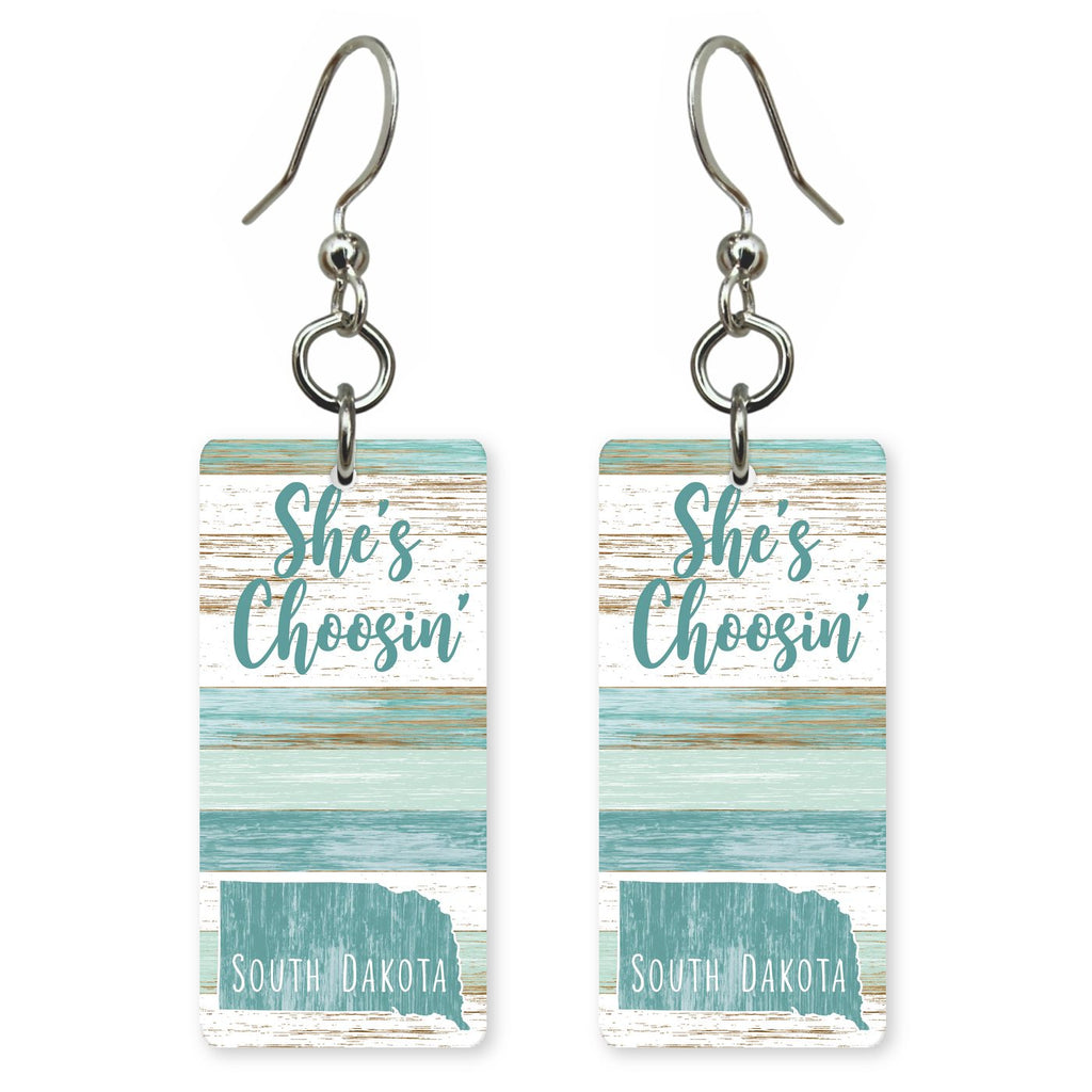 Teal Planks — She's Choosing earrings, shown as a pair