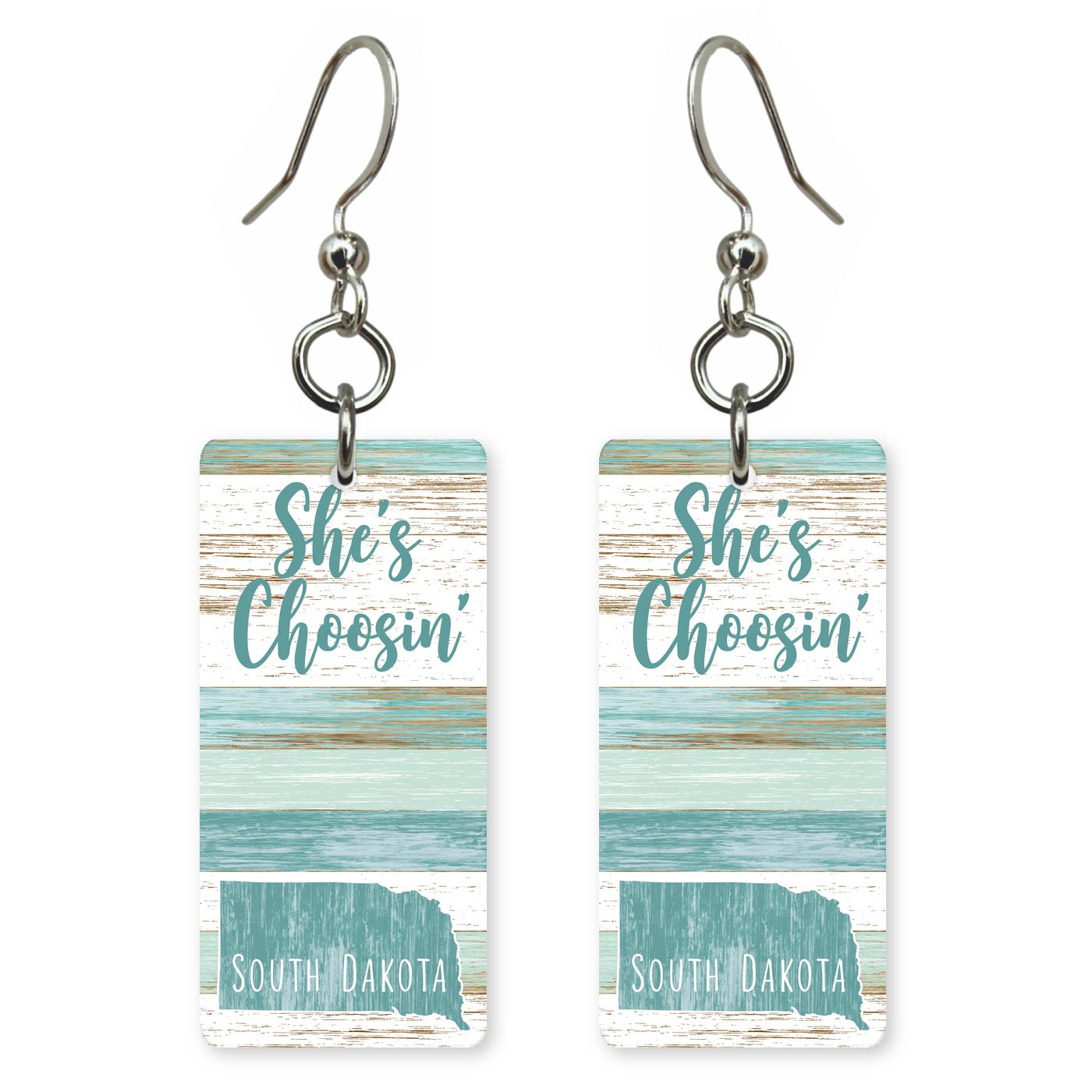 Teal Planks — She's Choosing earrings, shown as a pair