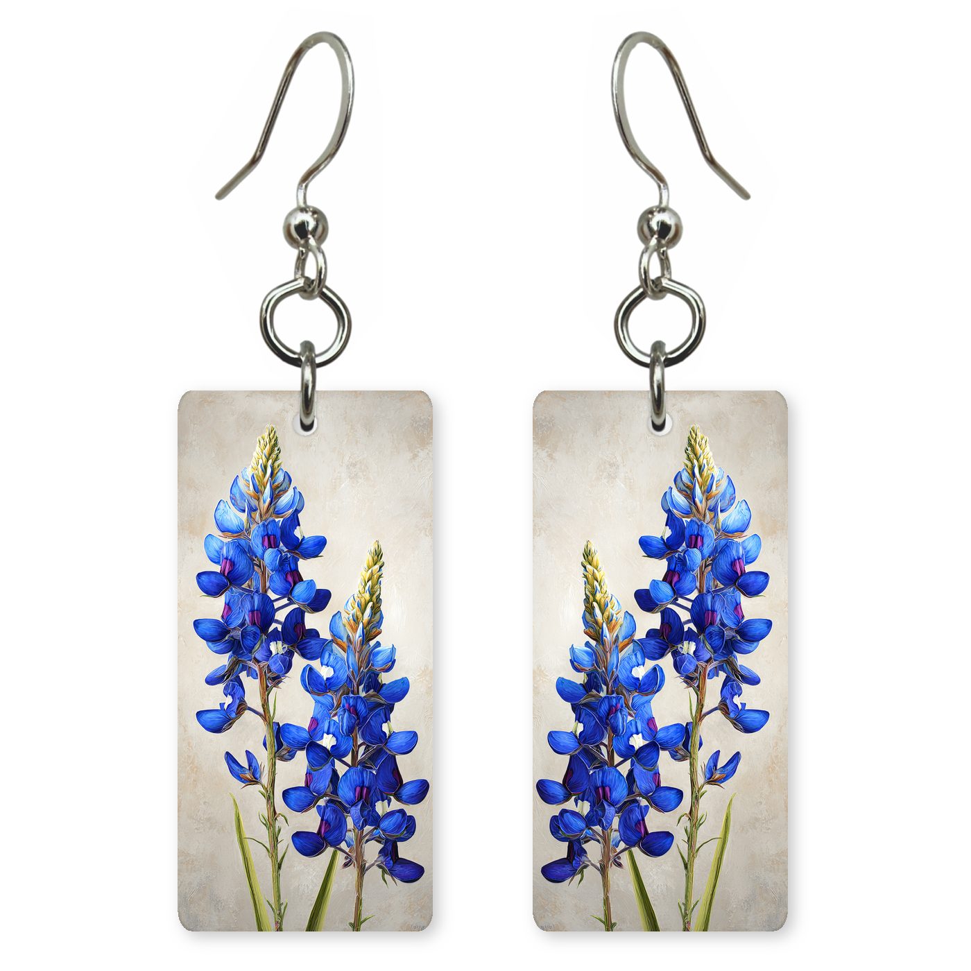 Hyper Realistic Bluebonnets Texas — She's Choosing earrings, shown as a pair